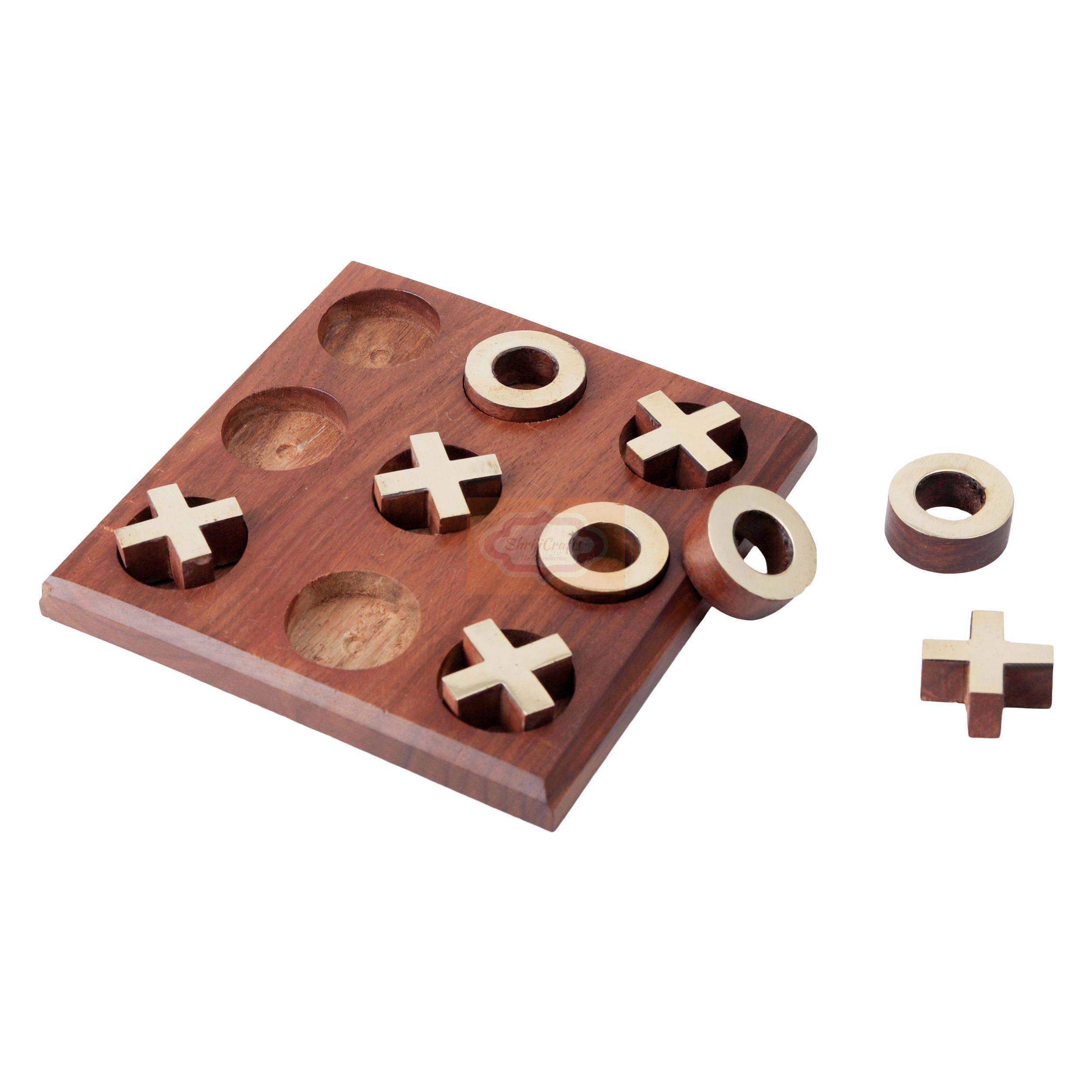 Handcrafted Wooden Tic Tac Toe Game featuring elegant metal X and O playing pieces - View 3