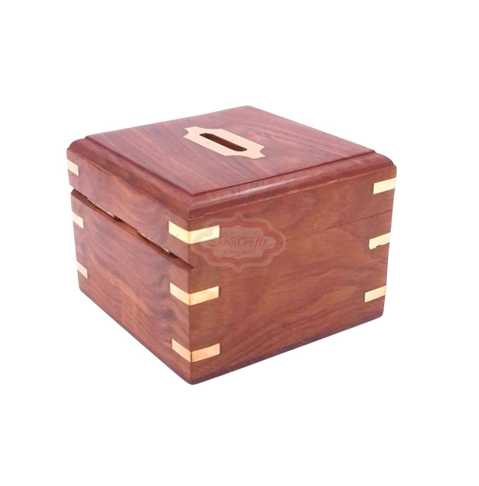 Handcrafted wooden money bank with a coin slot, secure lock, and key - View 4