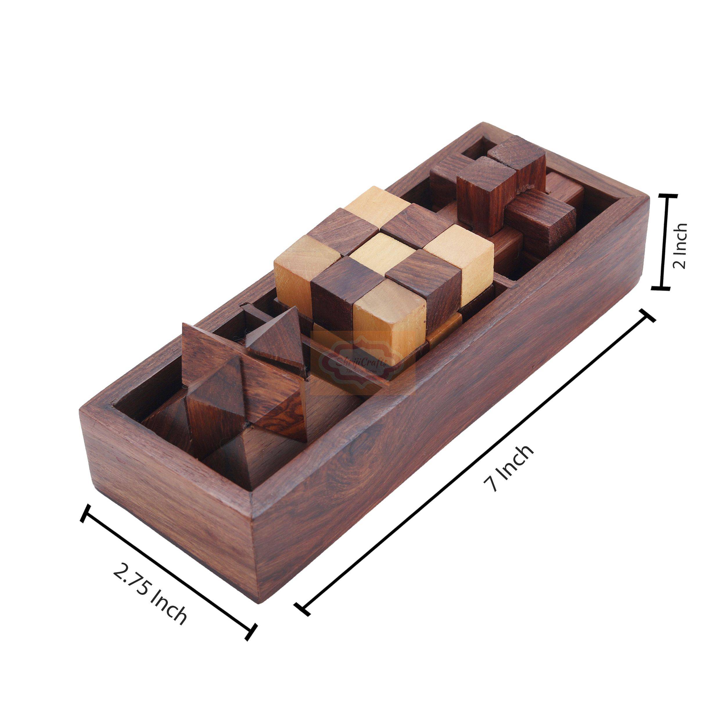 This set includes three 3D puzzles: diagonal burr, snake cube and interlocking blocks — handcrafted wooden product by Shrijicrafts