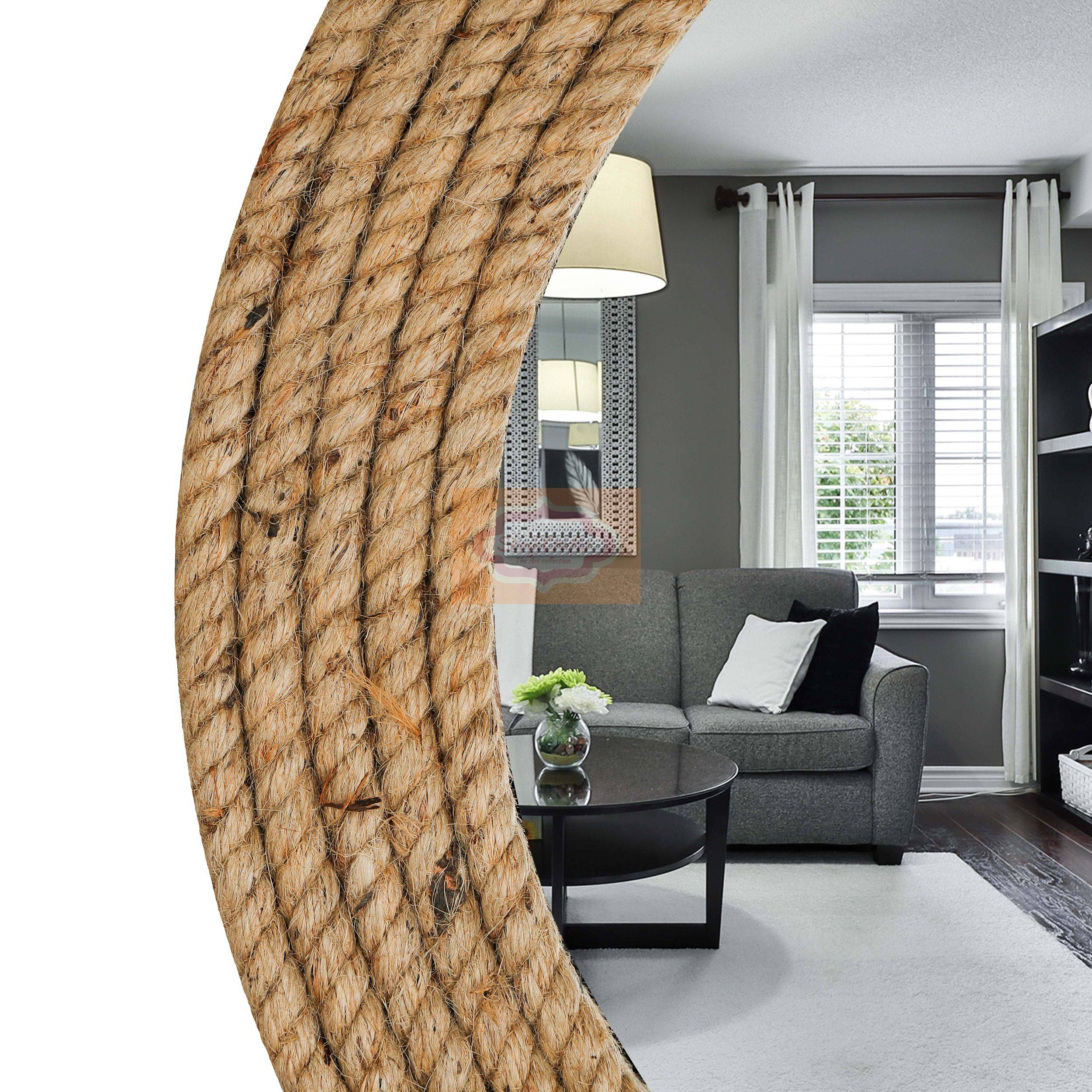 Handcrafted large round wooden mirror with a decorative natural rope frame - View 4