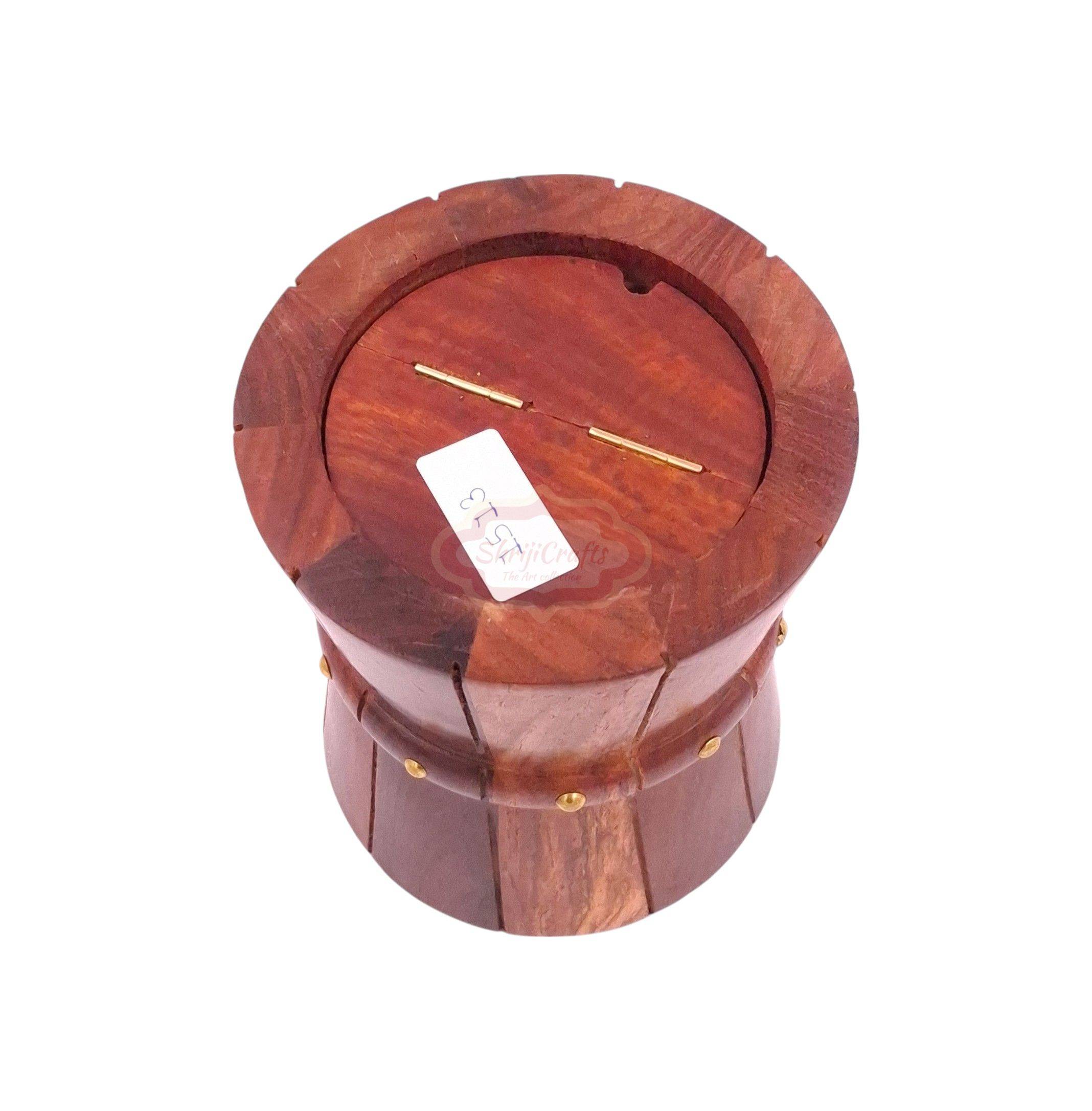 Handcrafted barrel-shaped wooden money bank with a coin slot, secure lock, and key - View 5