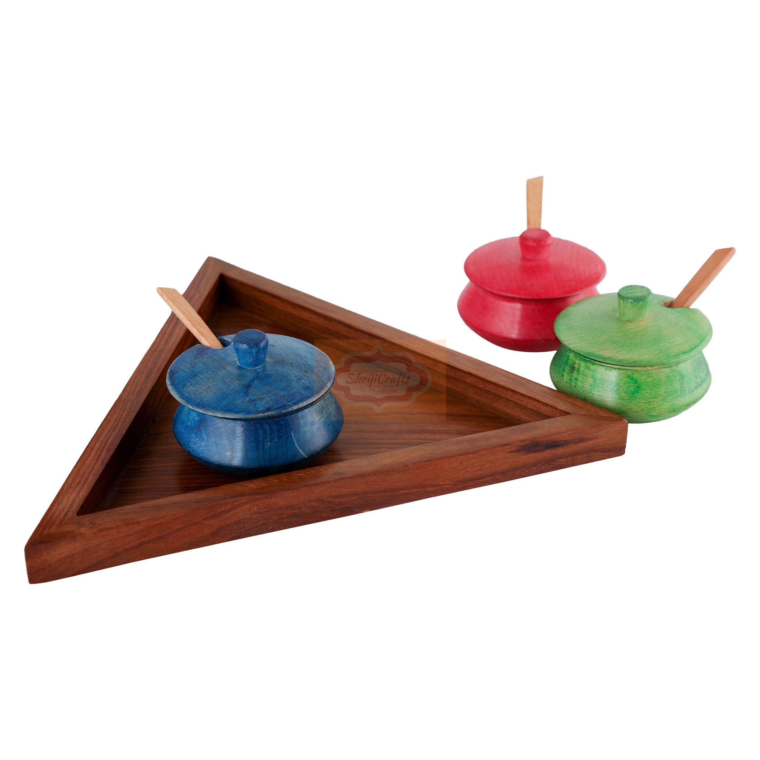 Handcrafted multicolor wooden mukhwas container set with 3 bowls, matching spoons, and a stylish triangle serving tray - View 2