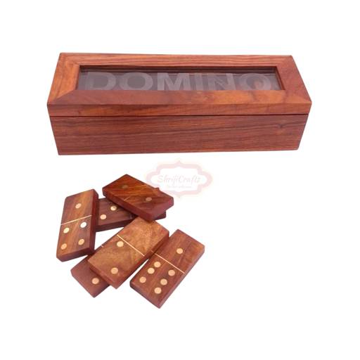 Handcrafted 28-piece wooden dominoes set with an elegant glass lid storage box