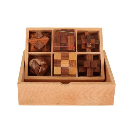 Handcrafted 6-in-1 Wooden Brain Teaser Puzzle Set beautifully crafted from premium pine wood