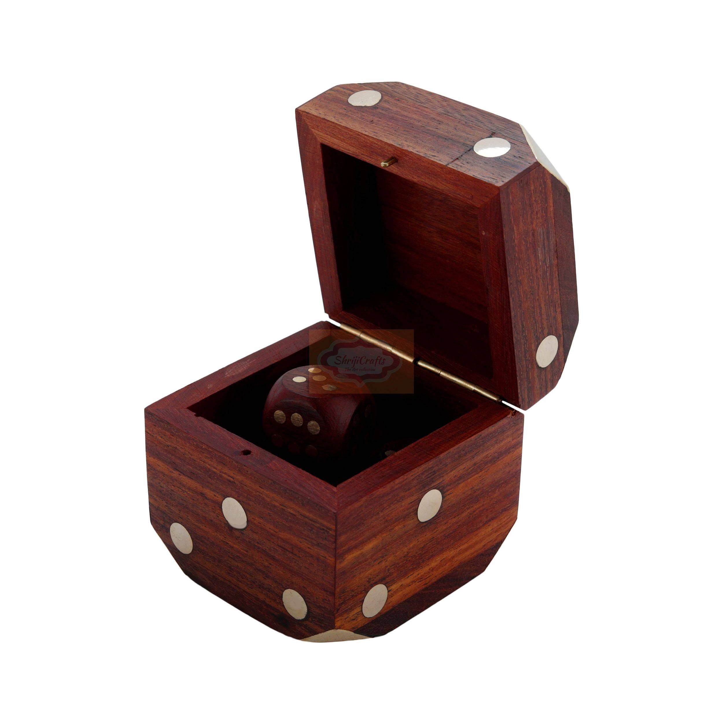 Handcrafted 3-in-1 wooden dice set featuring a storage box, 5 wooden dice, and brain teaser functionality - View 2