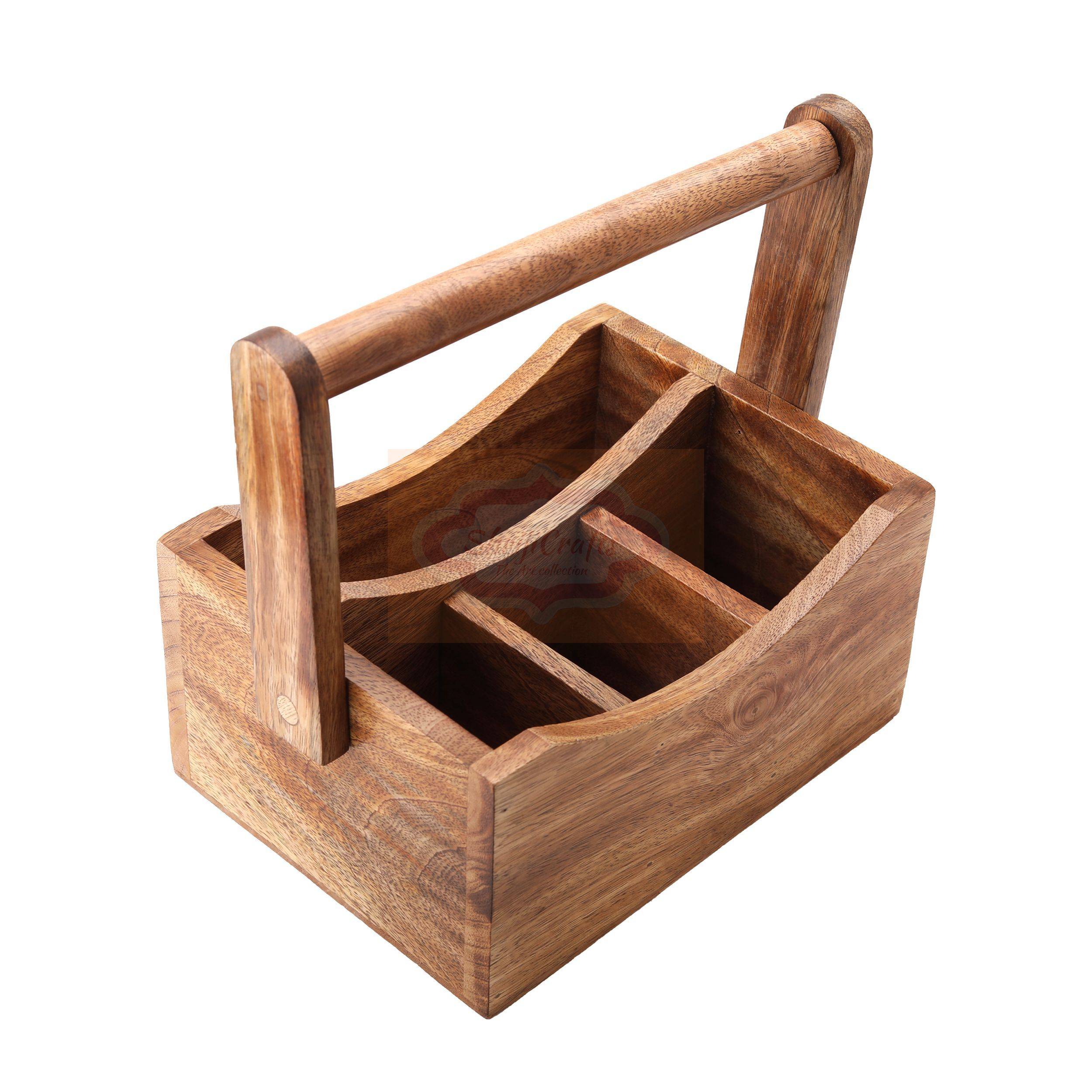 Handcrafted wooden storage basket with a sturdy carrying handle and multiple compartment - View 6