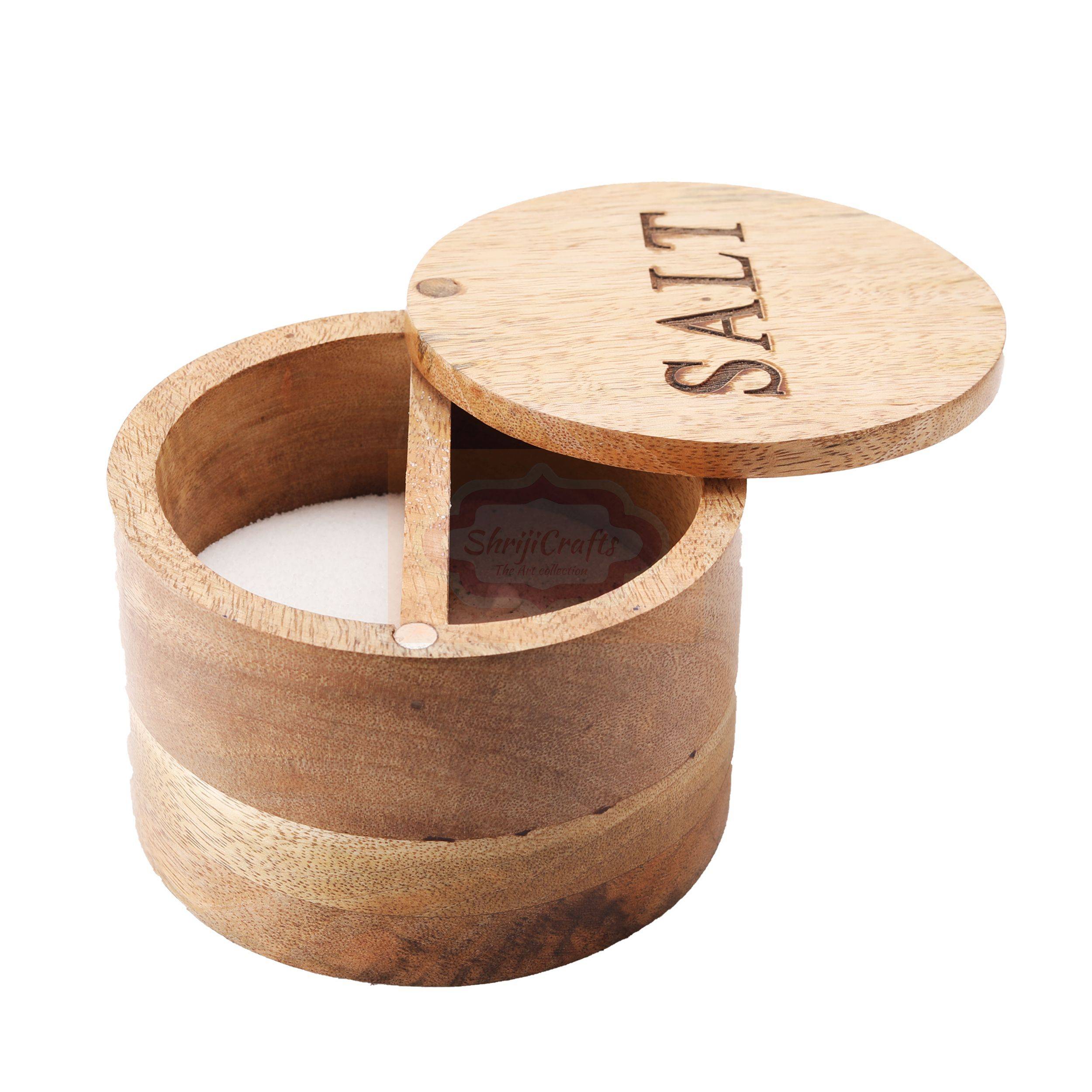 Handcrafted wooden salt box with a matching lid and spoon - View 2