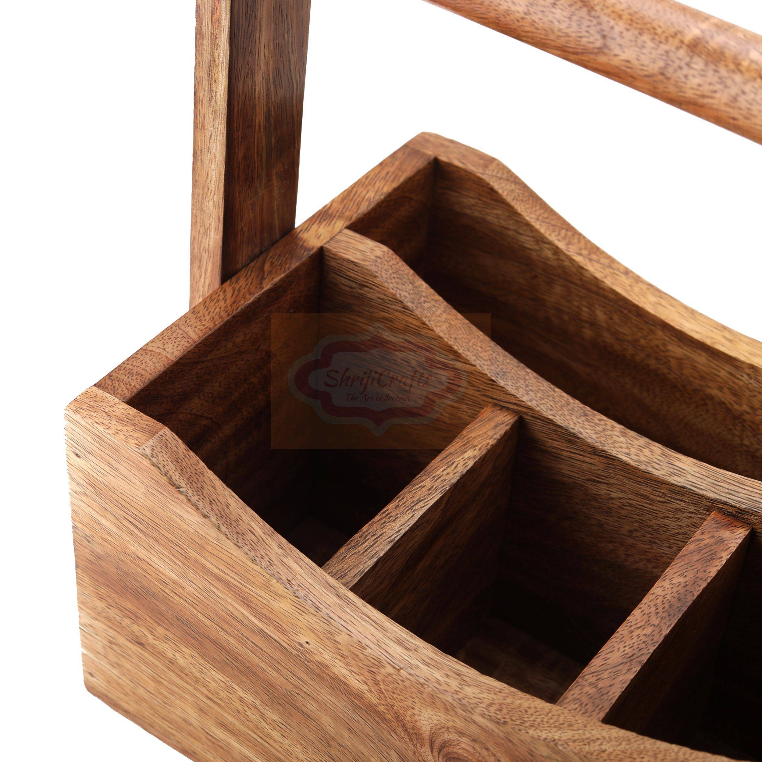 Handcrafted wooden storage basket with a sturdy carrying handle and multiple compartment - View 2