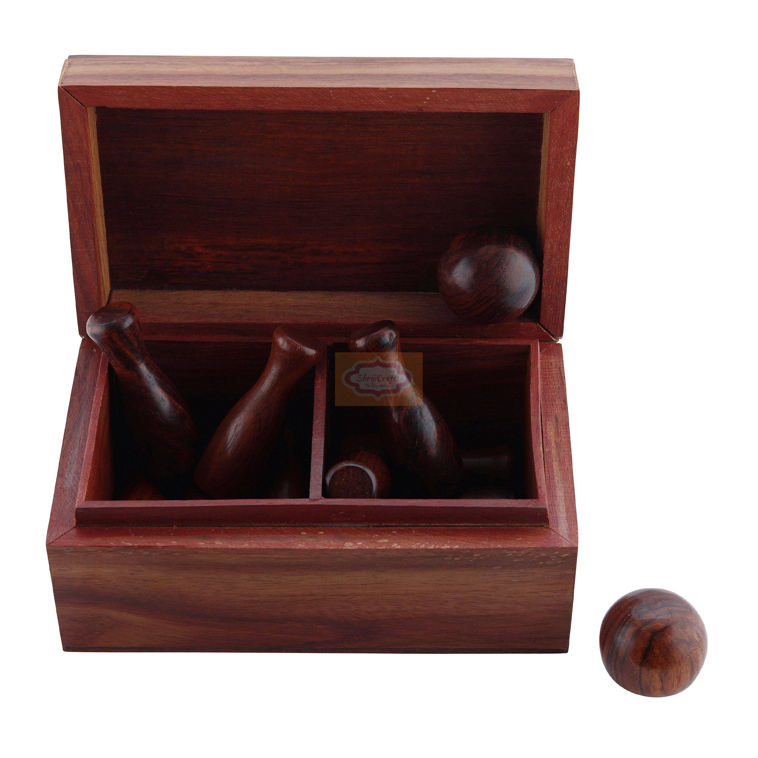 Handcrafted wooden mini bowling set with 10 bowling pins, 2 bowling balls, and a stylish storage box - View 2