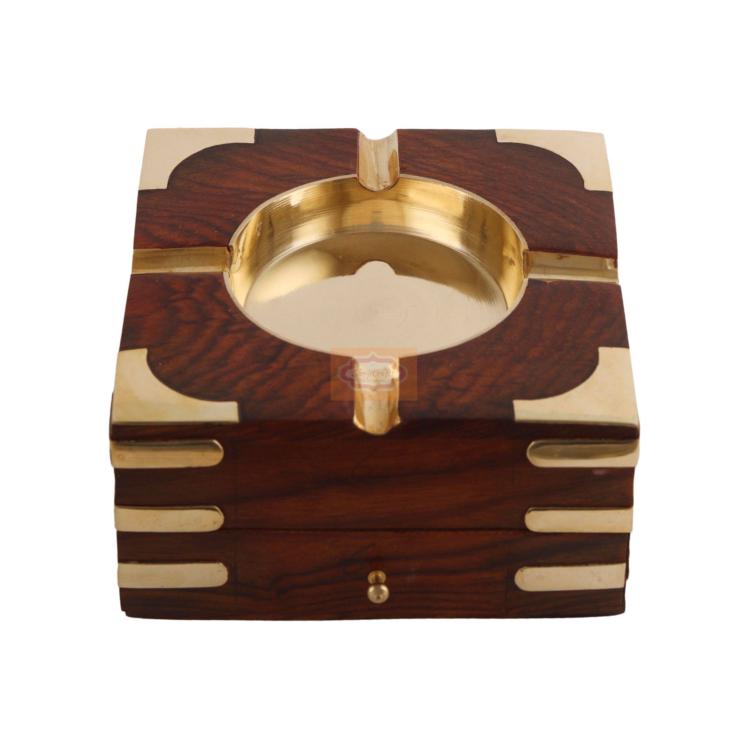 Elegant handcrafted wooden and brass ashtray with built-in cigarette holders - View 6