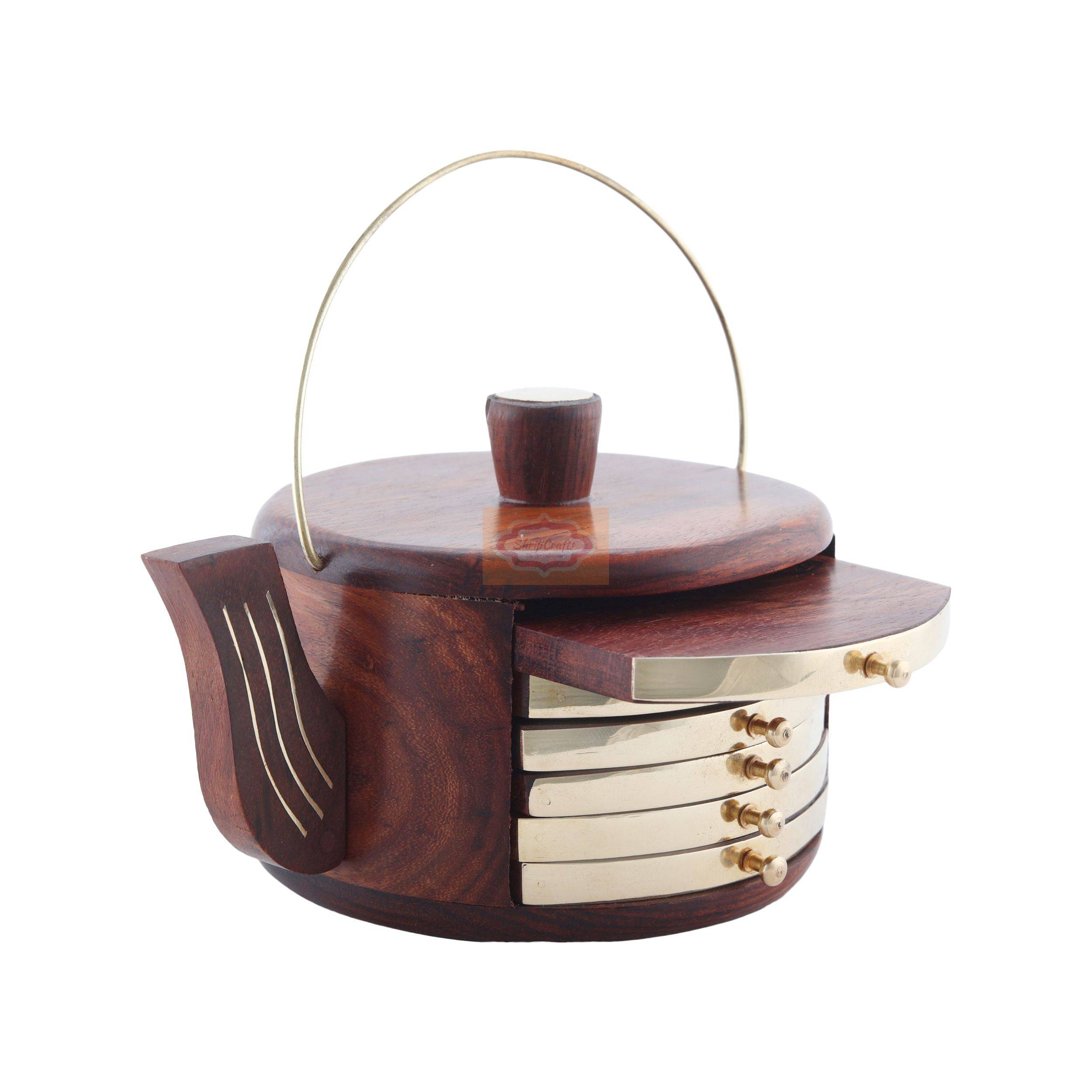 Handcrafted wooden coaster set with a matching holder for stylish table organization - View 3