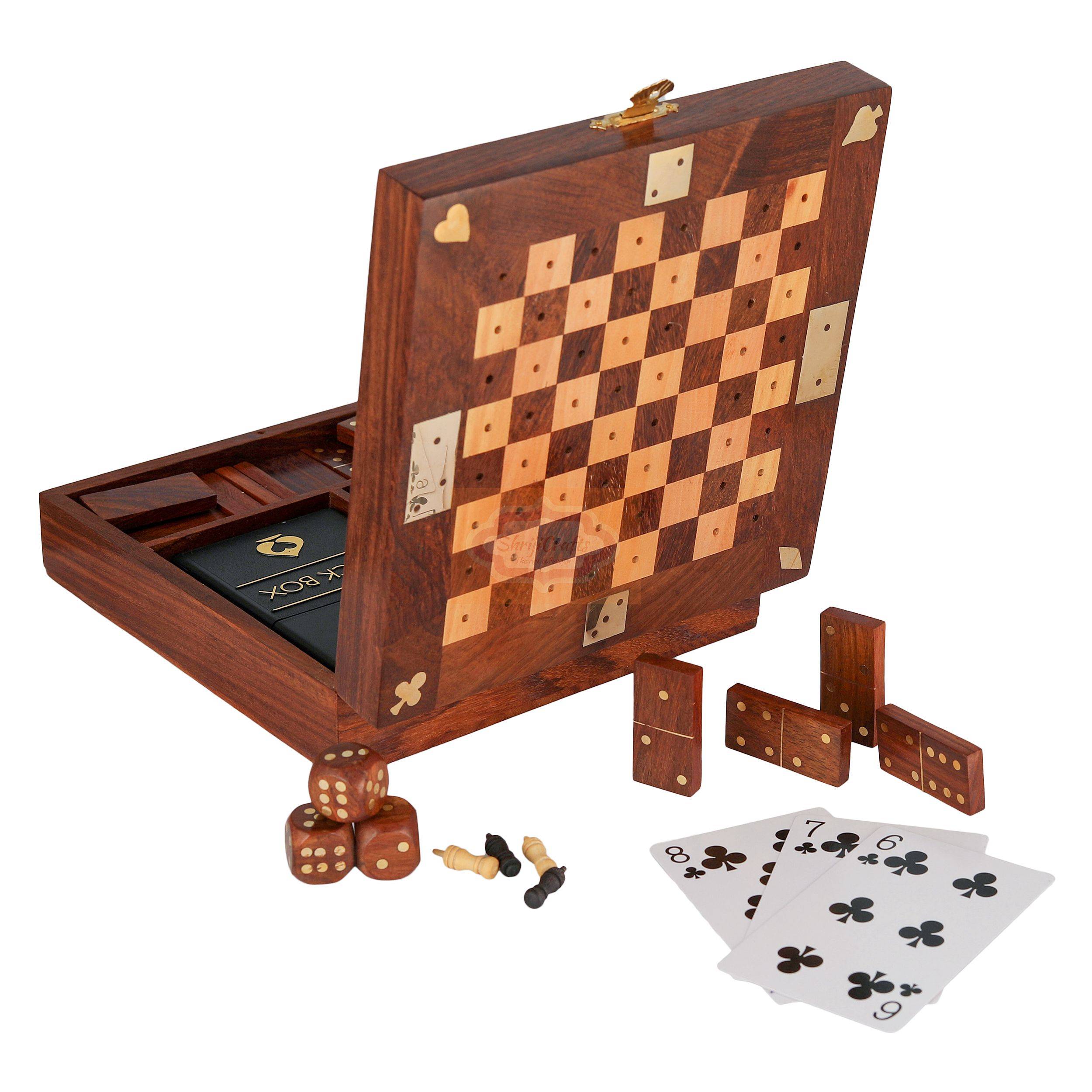 Handcrafted 3-in-1 wooden game set featuring Chess, Dominoes, and Dice in one compact box - View 2