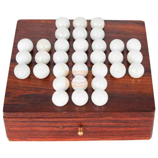 Handcrafted wooden Solitaire (Brainvita) game with built-in storage compartment