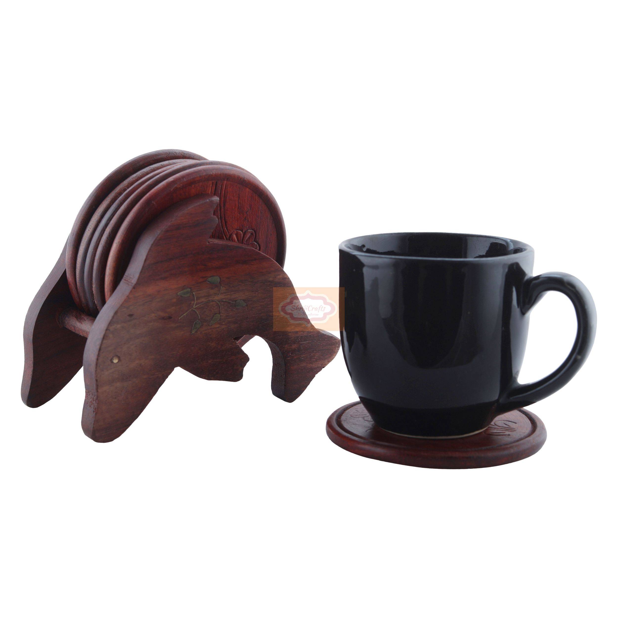 Handcrafted wooden elephant coaster set with 6 coasters and a matching holder - View 5