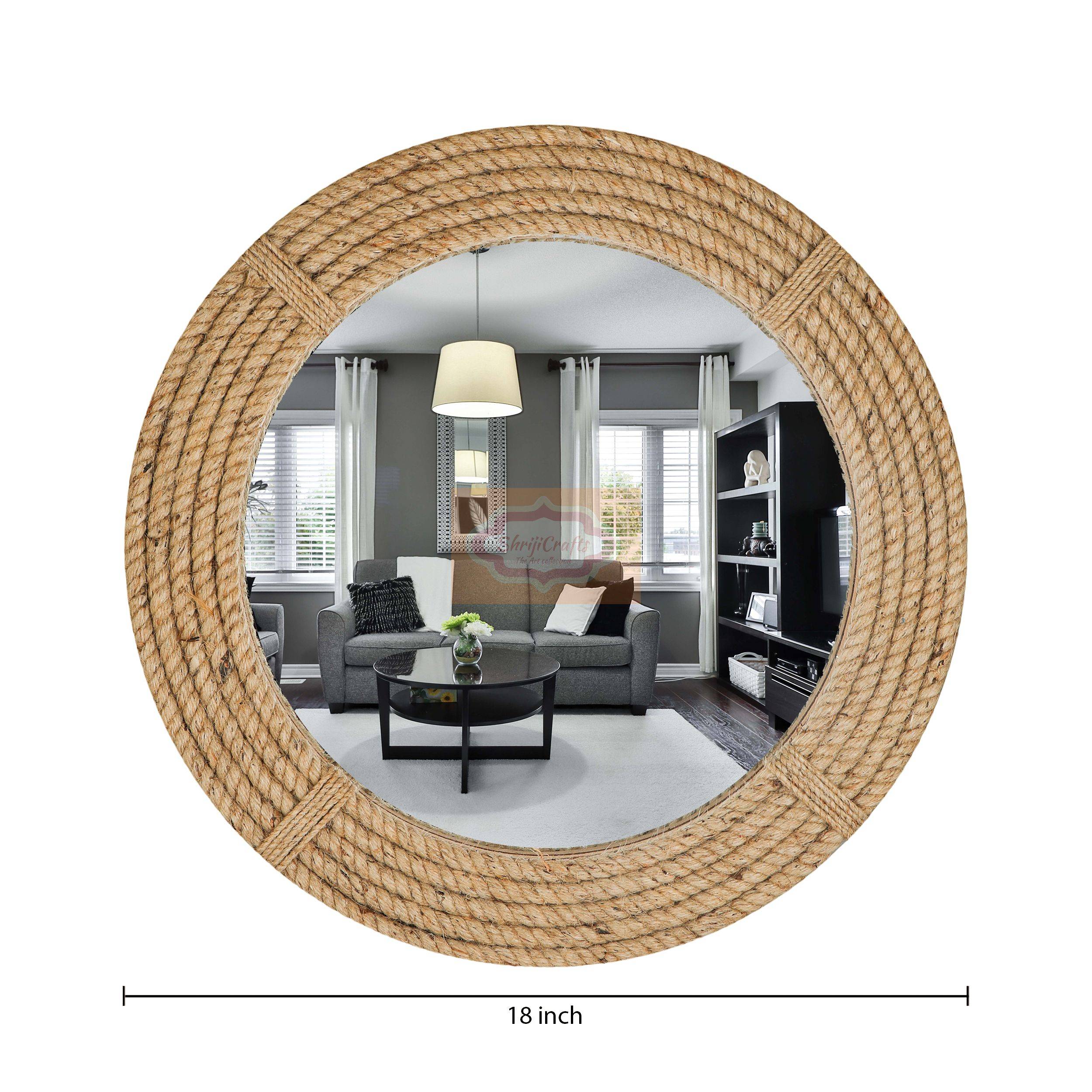 Handcrafted large round wooden mirror with a decorative natural rope frame - View 2