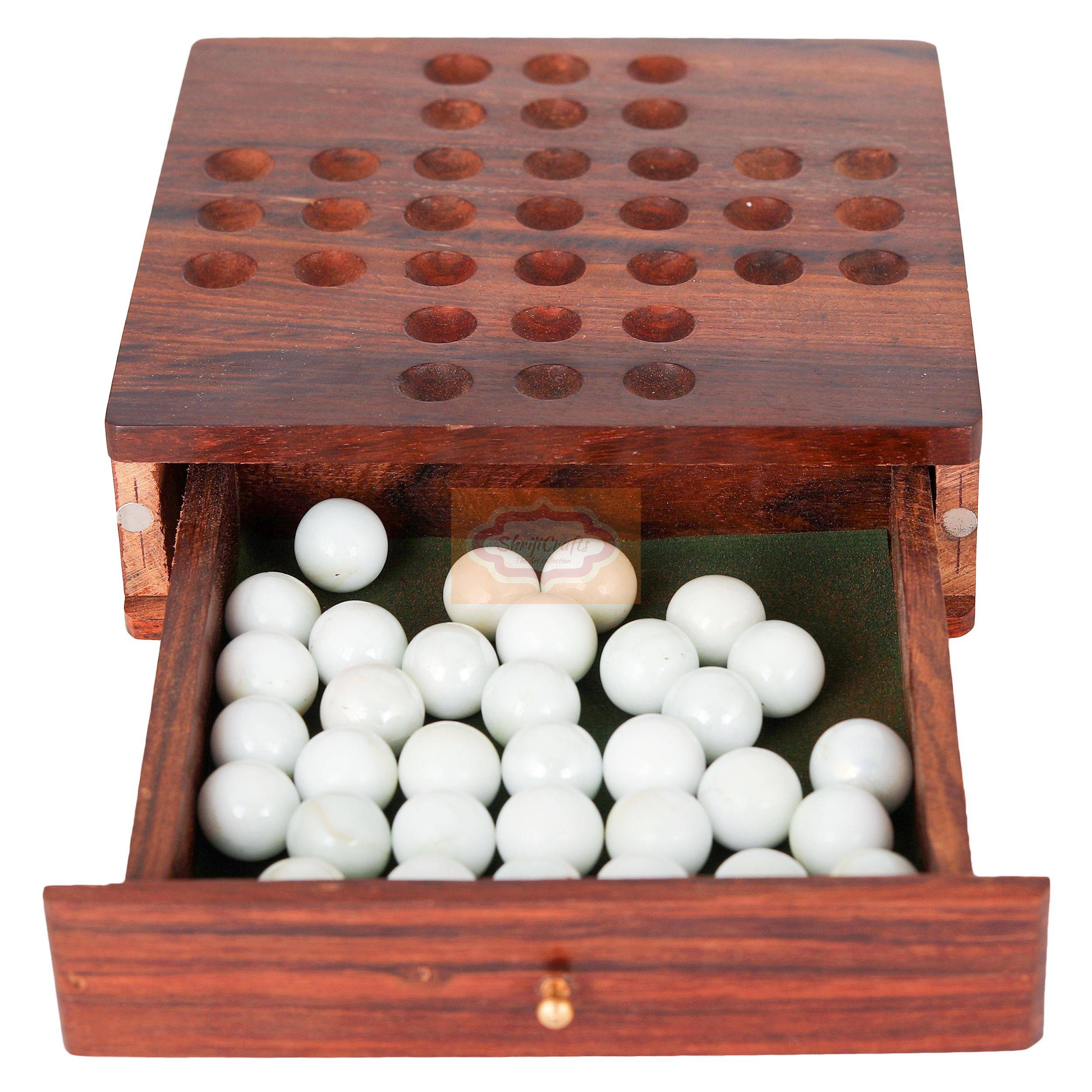 Handcrafted wooden Solitaire (Brainvita) game with built-in storage compartment — handcrafted wooden product by Shrijicrafts