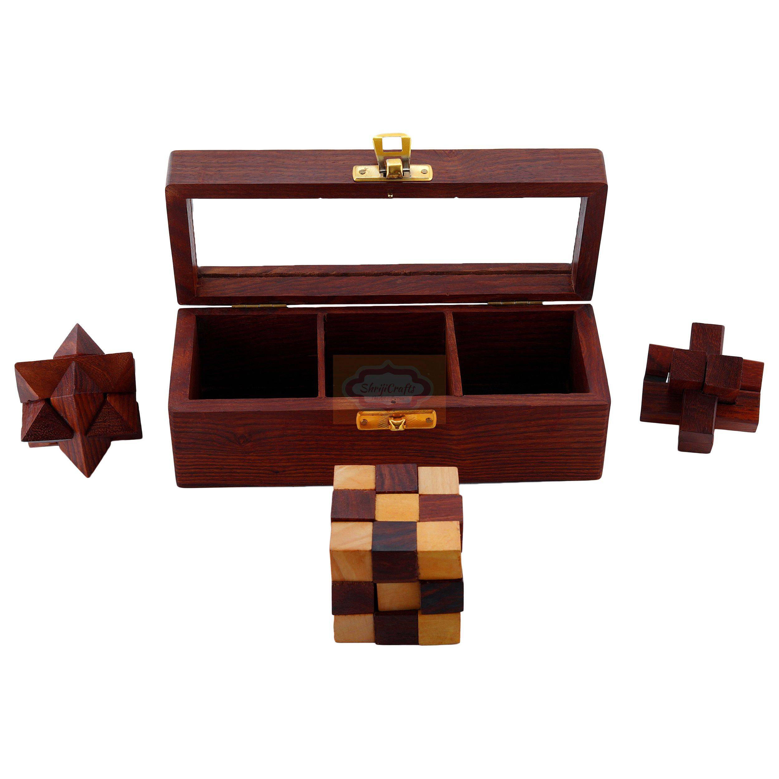 Handcrafted wooden 3-piece interlocking puzzle set made from premium Indian Sheesham wood — handcrafted wooden product by Shrijicrafts