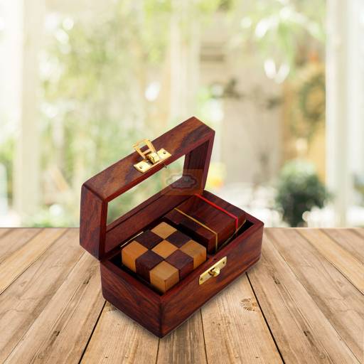Handcrafted wooden 2-in-1 puzzle set featuring a Snake Cube and Soma Cube