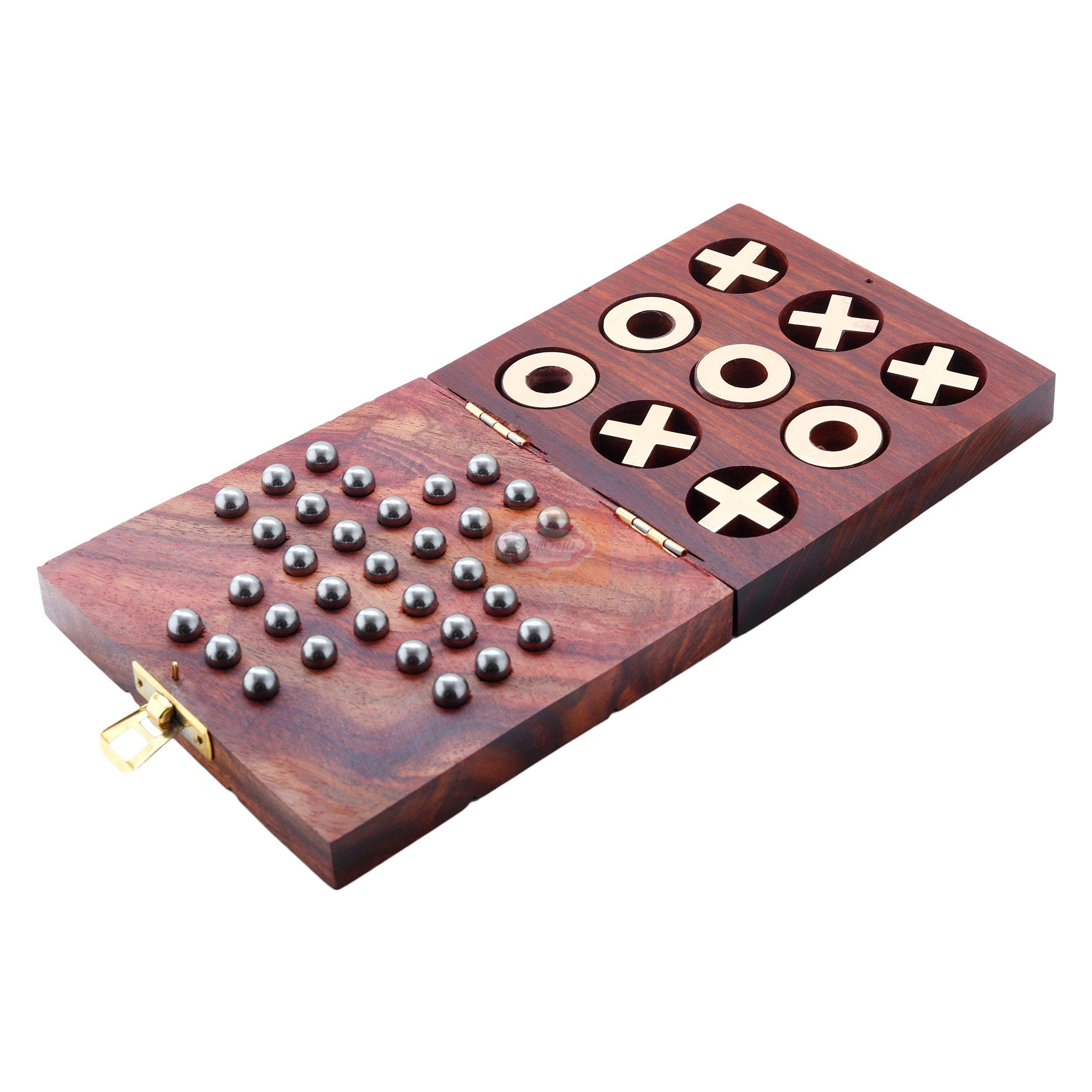 Handcrafted 2-in-1 wooden game set featuring Solitaire and Tic Tac Toe - View 2