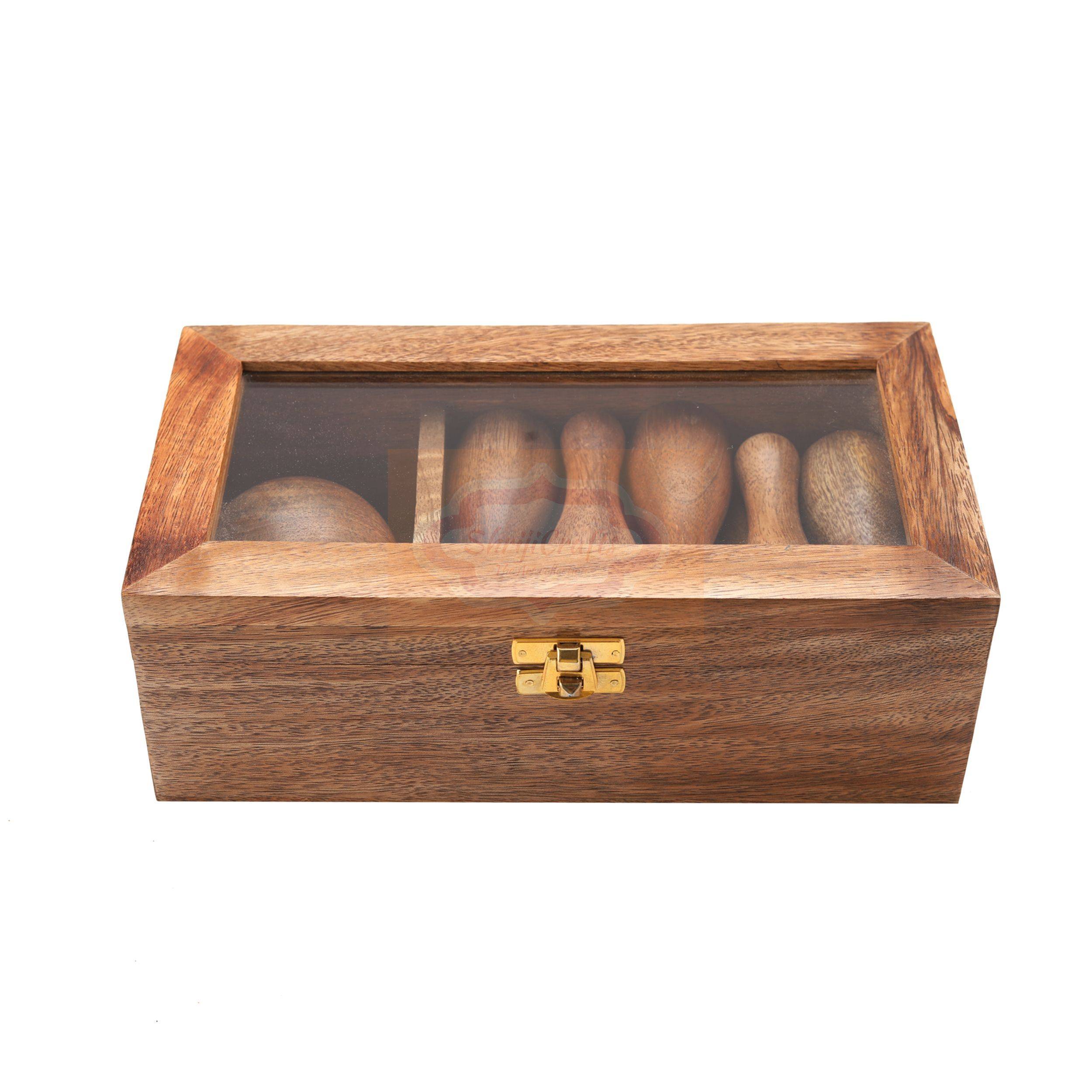 Handcrafted wooden mini bowling game set with a premium glass lid storage box — handcrafted wooden product by Shrijicrafts