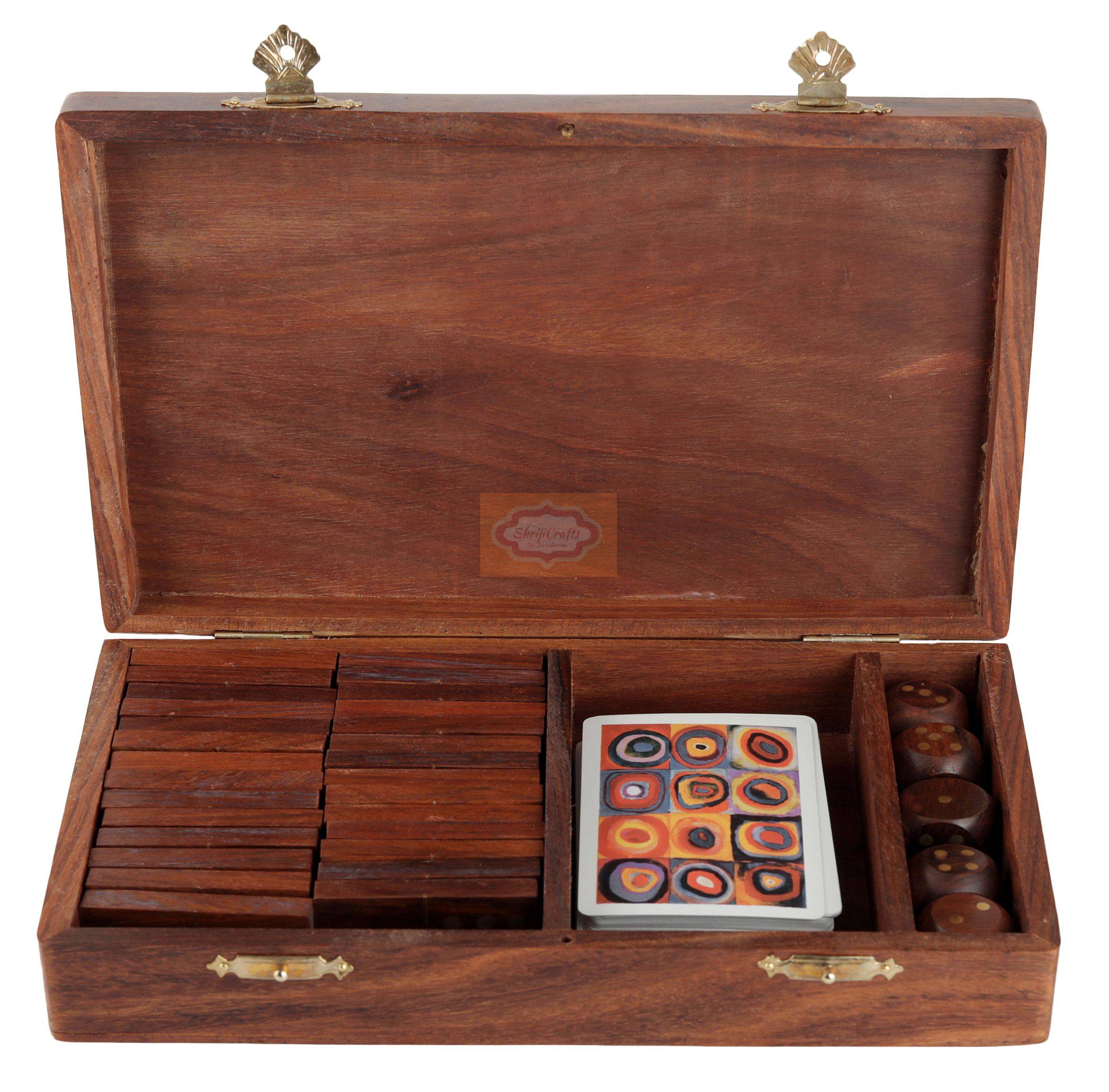 Handcrafted wooden game box with playing cards, dominoes, and wooden dice - View 4