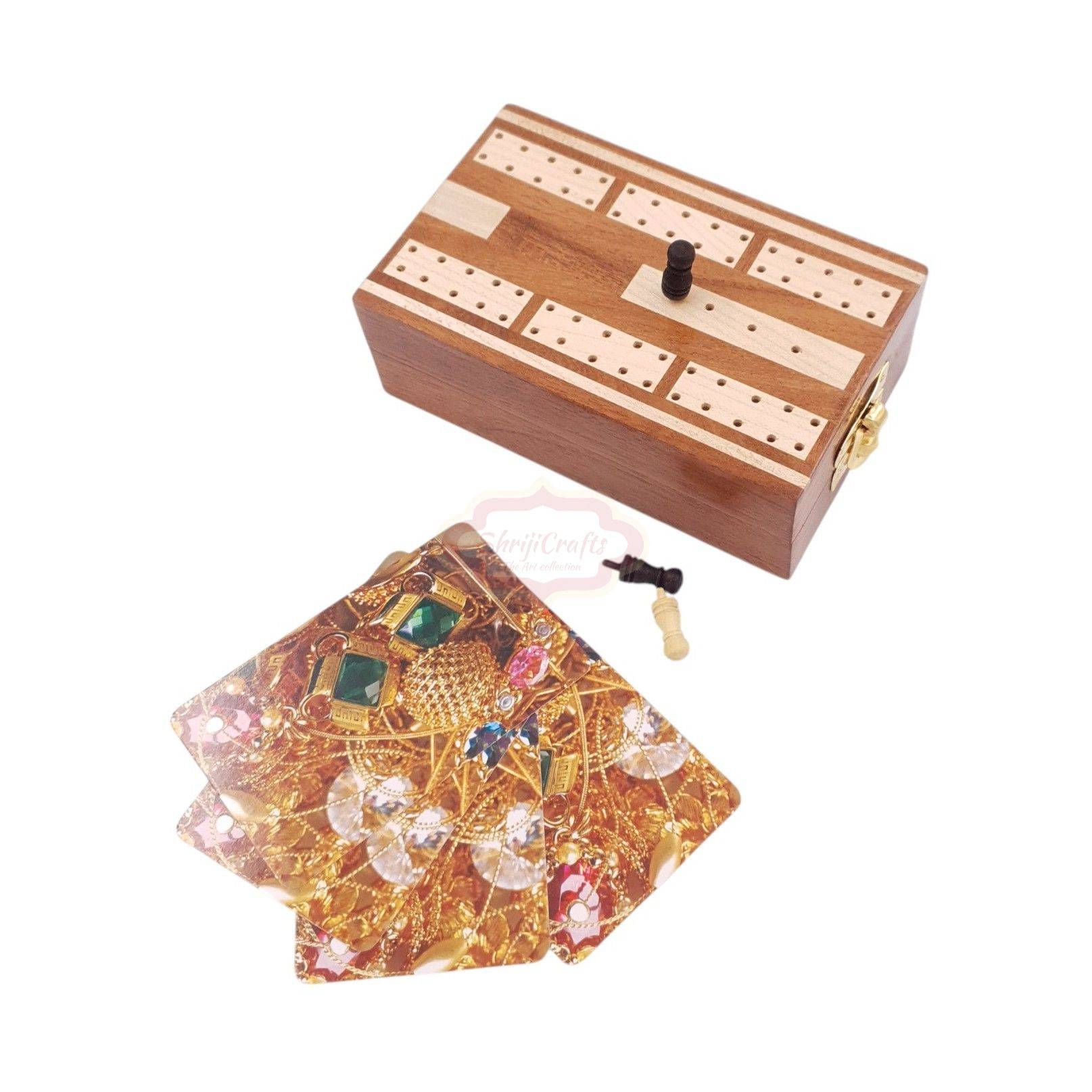 Handcrafted wooden cribbage board with built-in storage for 1 standard deck of playing cards — handcrafted wooden product by Shrijicrafts