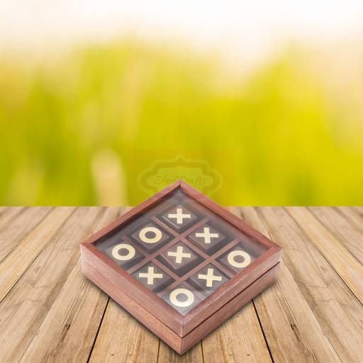 Handcrafted wooden Tic Tac Toe game with a premium glass lid storage box