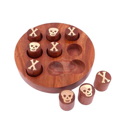 Handcrafted round wooden Tic Tac Toe game with unique Skull & Bone playing pieces