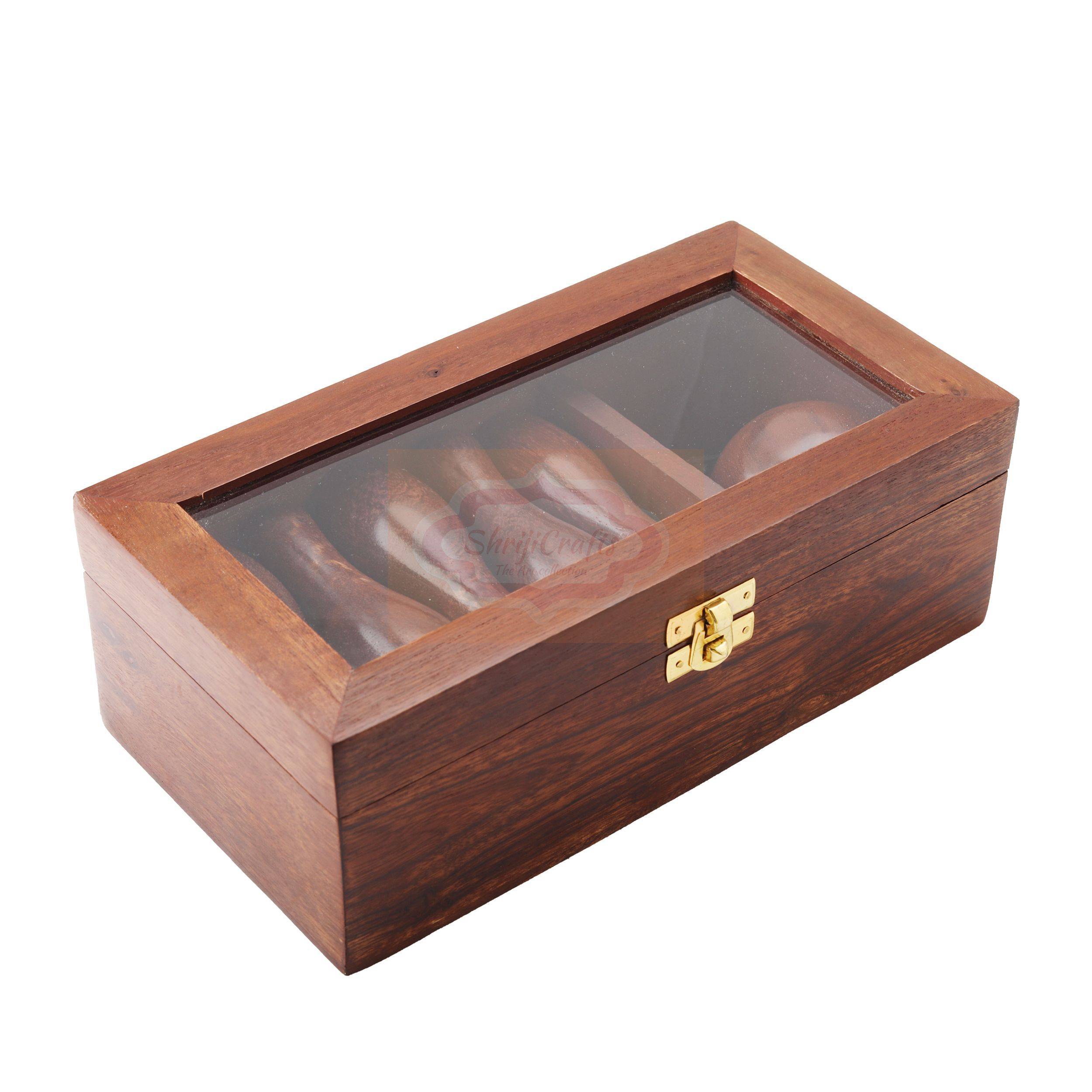 Handcrafted wooden mini bowling game set with a premium glass lid storage box — handcrafted wooden product by Shrijicrafts