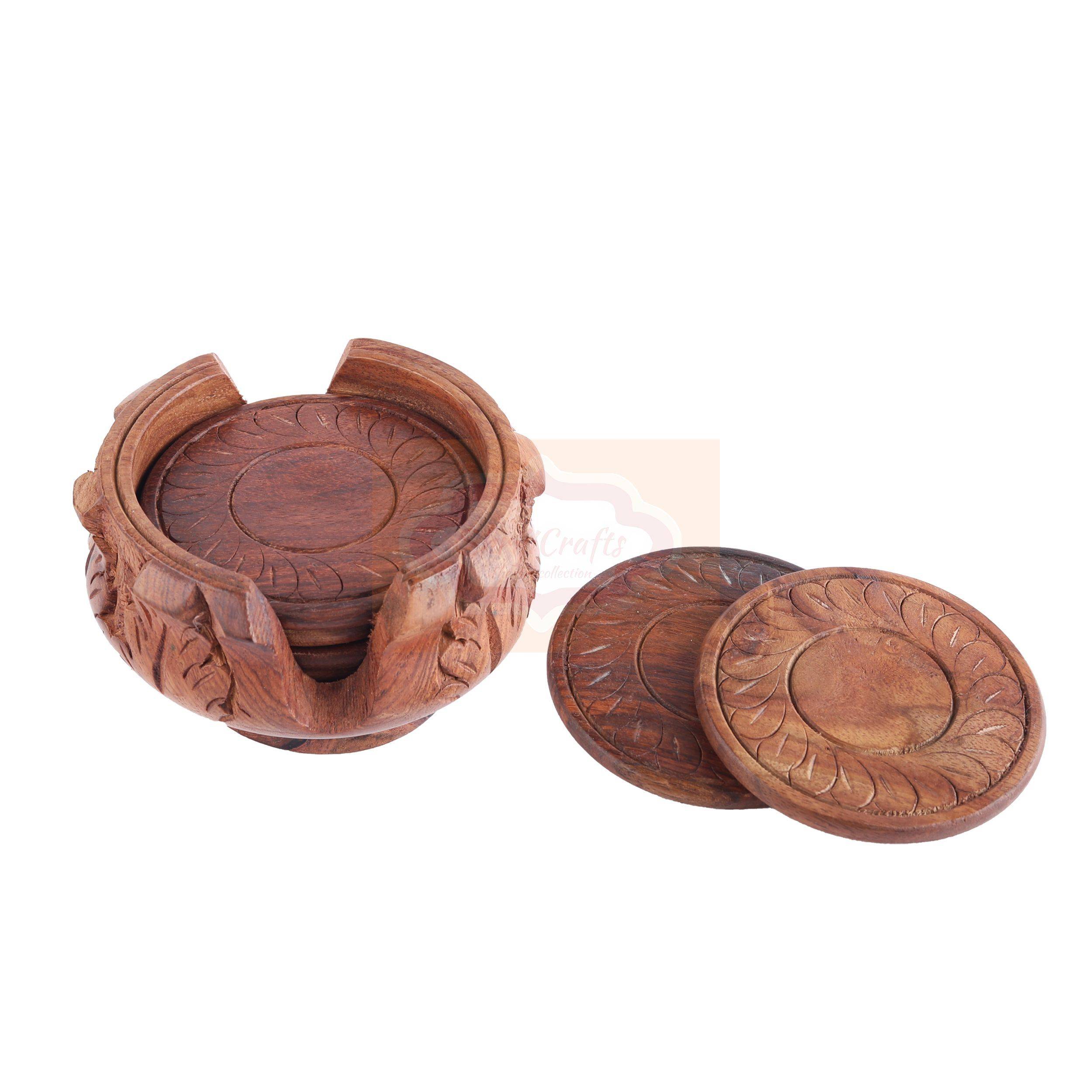 Handcrafted wooden tea coaster set including 6 coasters with a matching storage holder - View 4