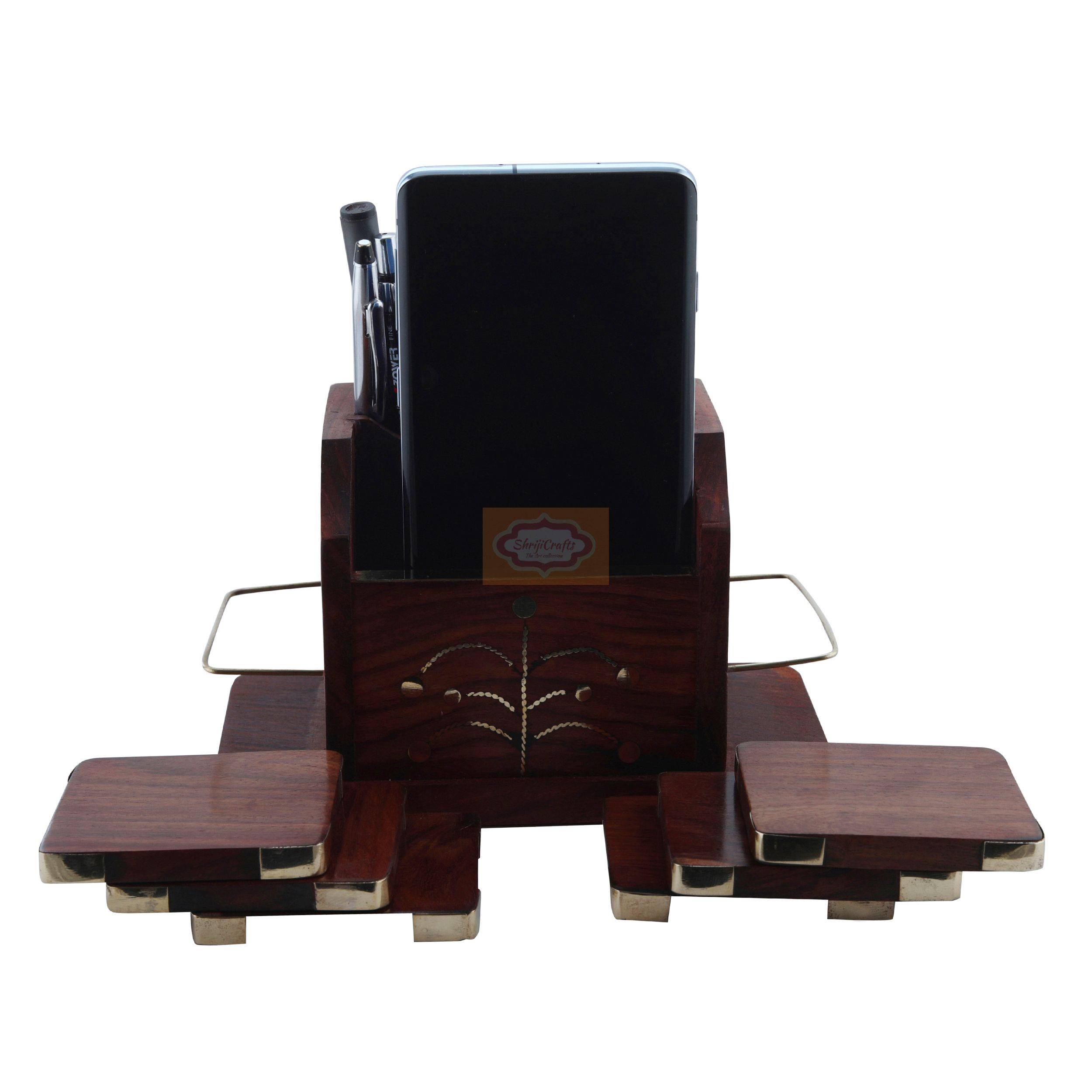 Handcrafted Sheesham wood desk organizer with matching coaster set and elegant brass inlay - View 5