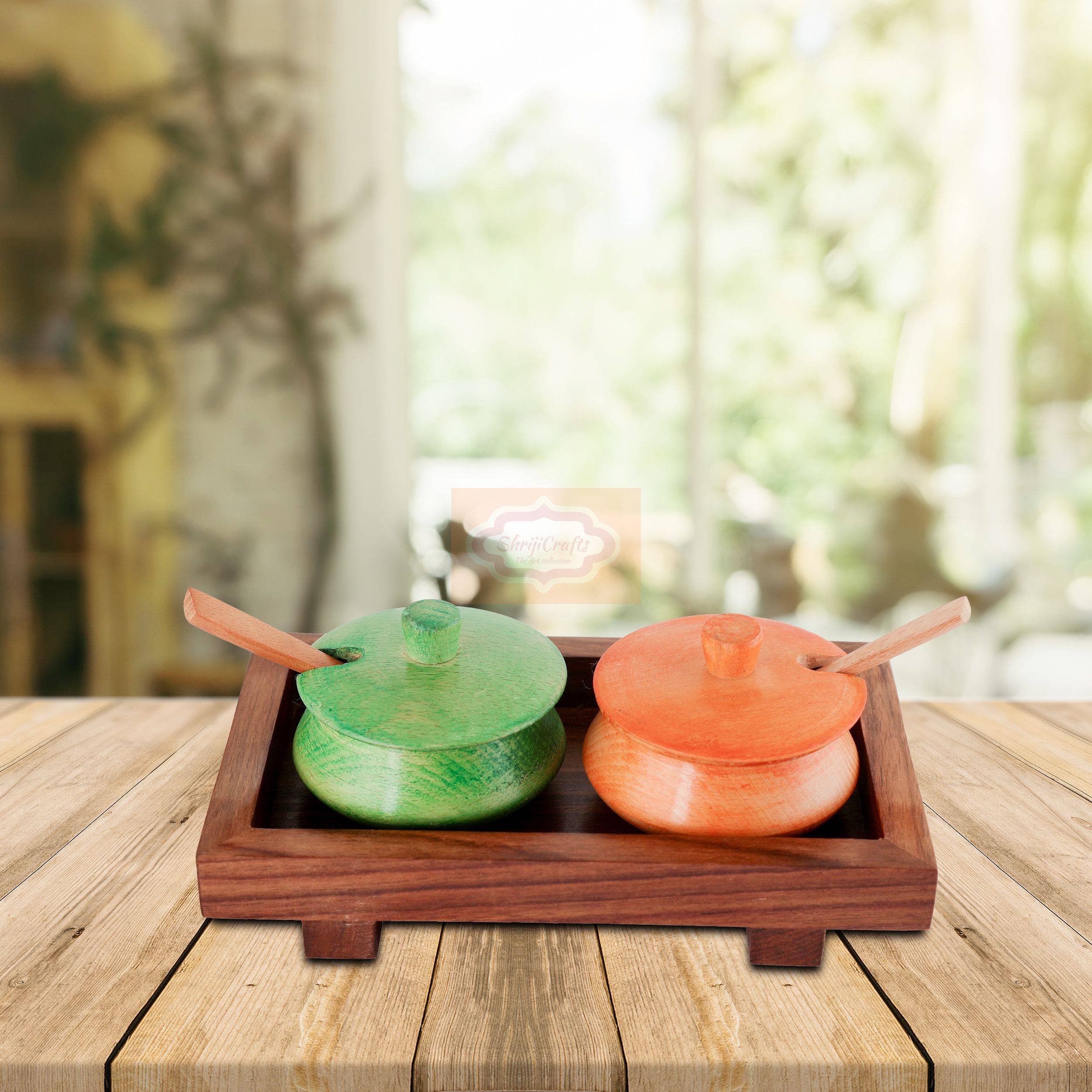 Handcrafted multicolor wooden mukhwas container set with 2 bowls, matching spoons, and a serving tray - View 3