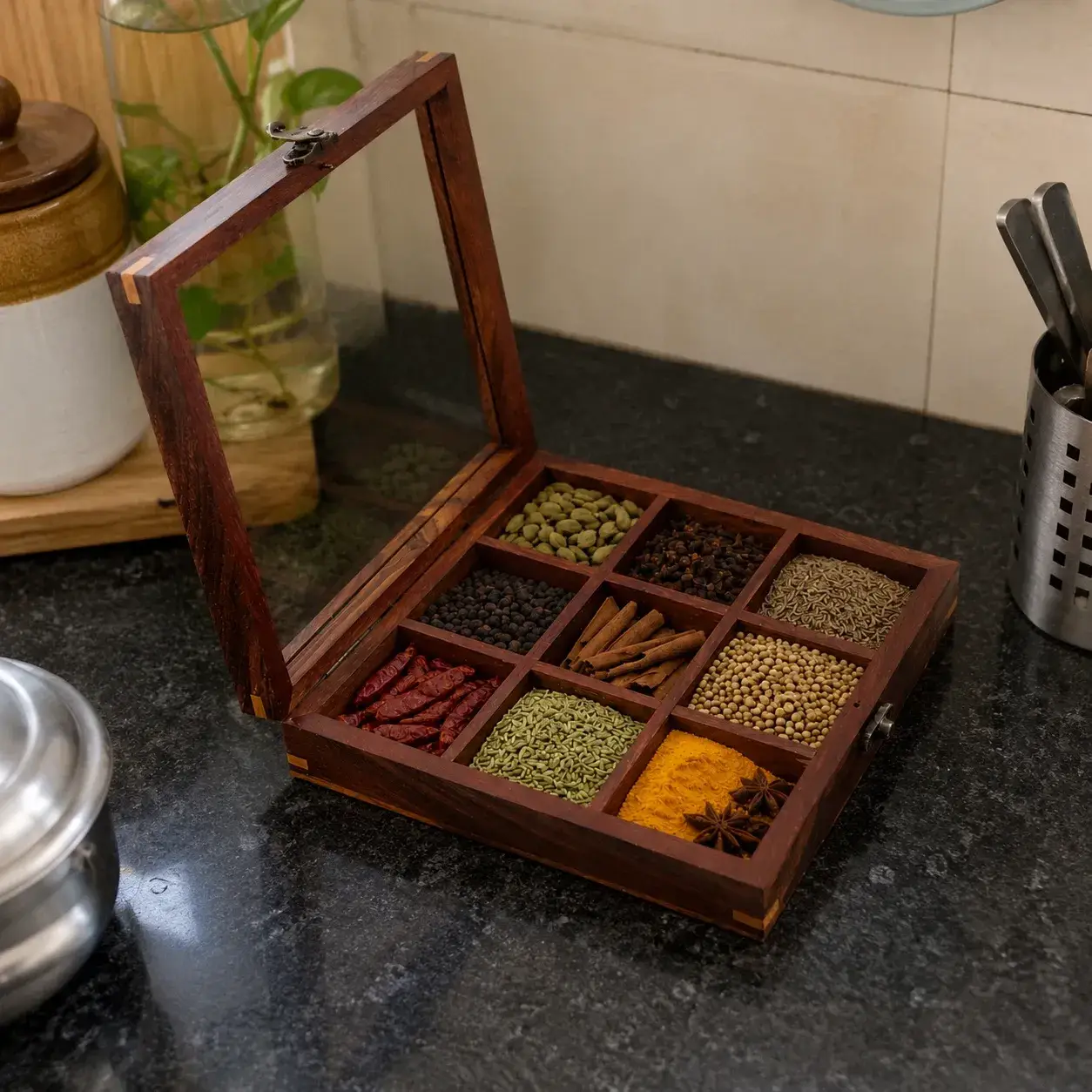 Handcrafted wooden masala box featuring 9 spacious compartments with a clear glass lid - View 3