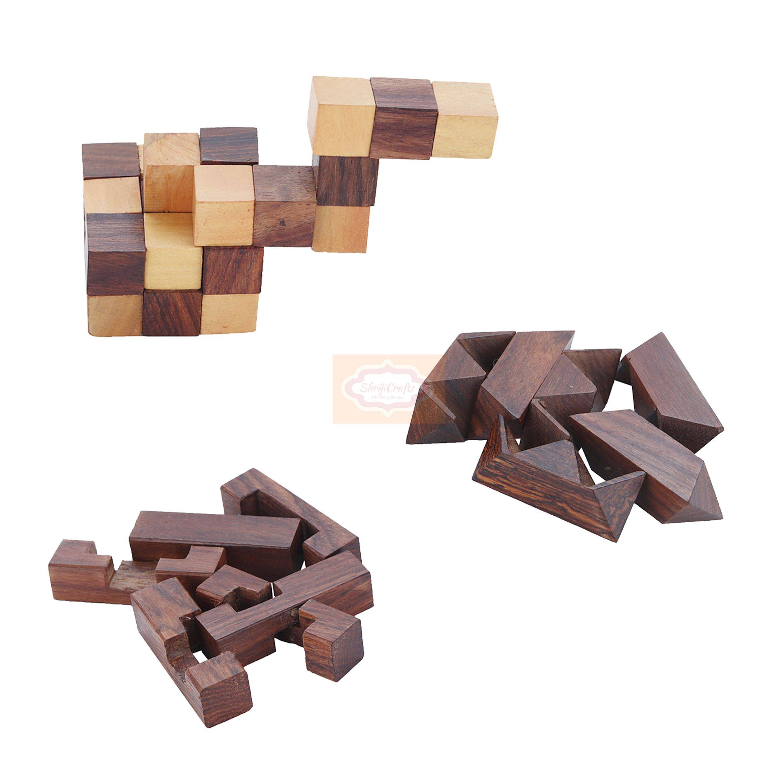 This set includes three 3D puzzles: diagonal burr, snake cube and interlocking blocks — handcrafted wooden product by Shrijicrafts