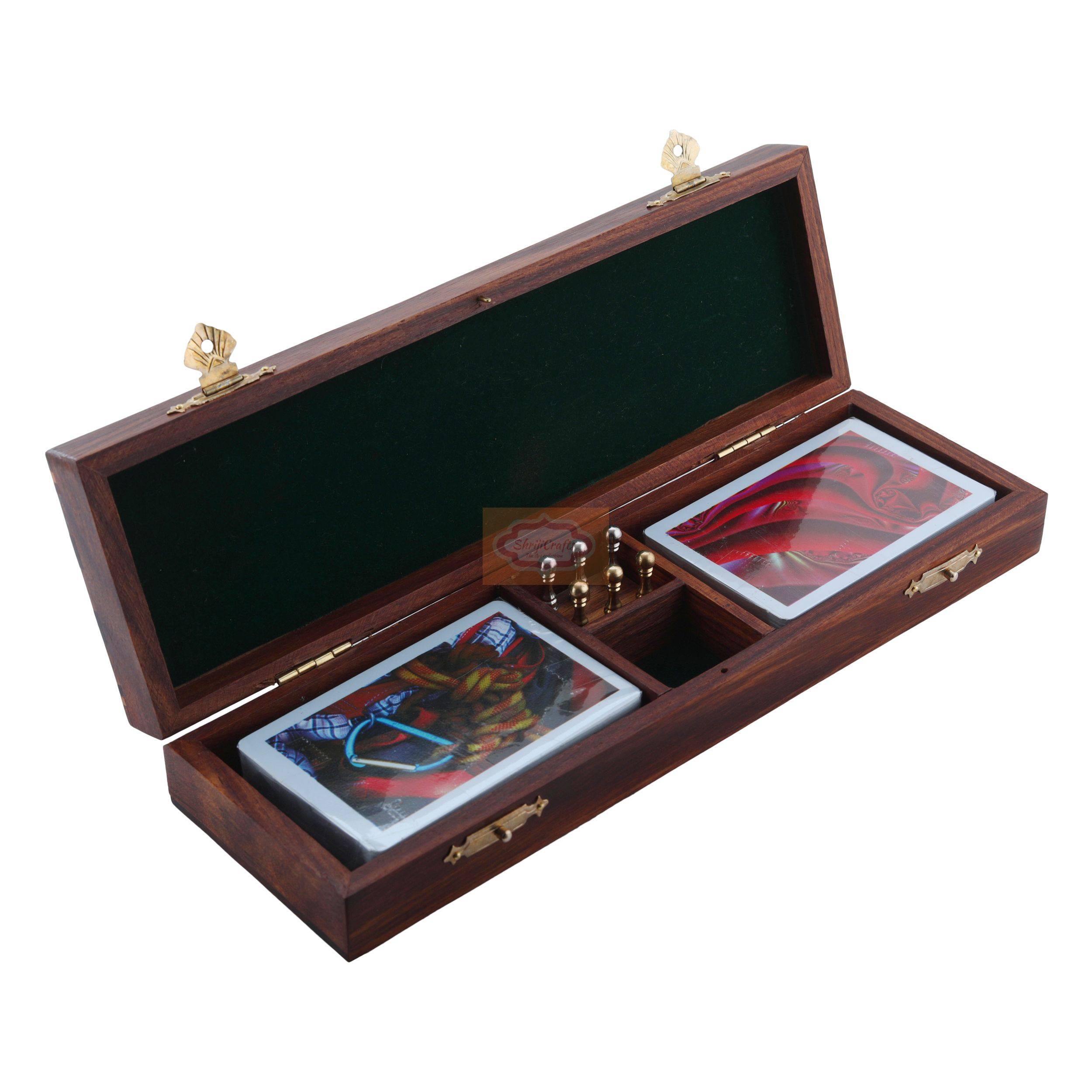 Complete wooden cribbage game set with game board, 6 metal pegs, and 2 decks of playing cards - View 4