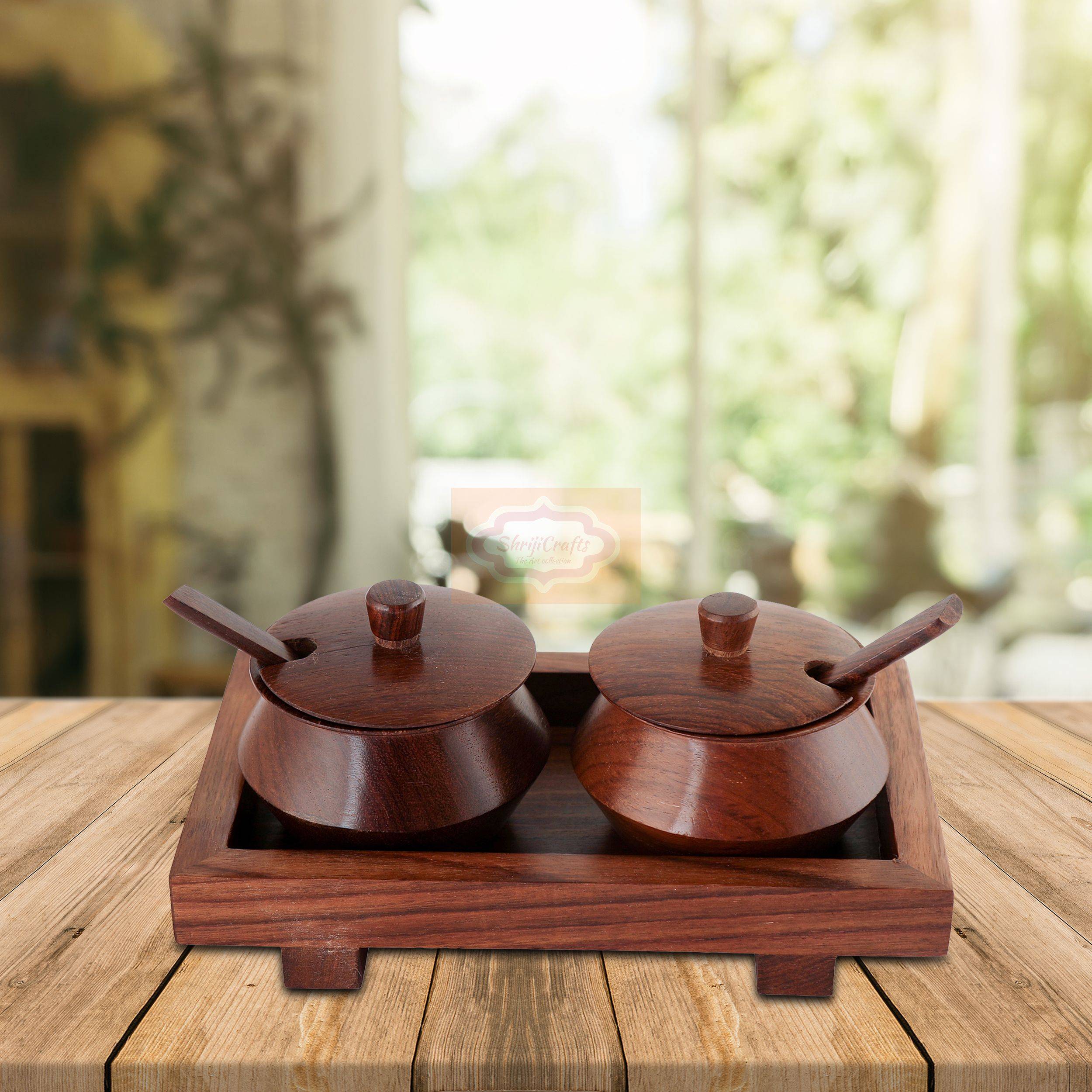 Handcrafted wooden 2-bowl mukhwas container set with matching tray and serving spoons - View 6