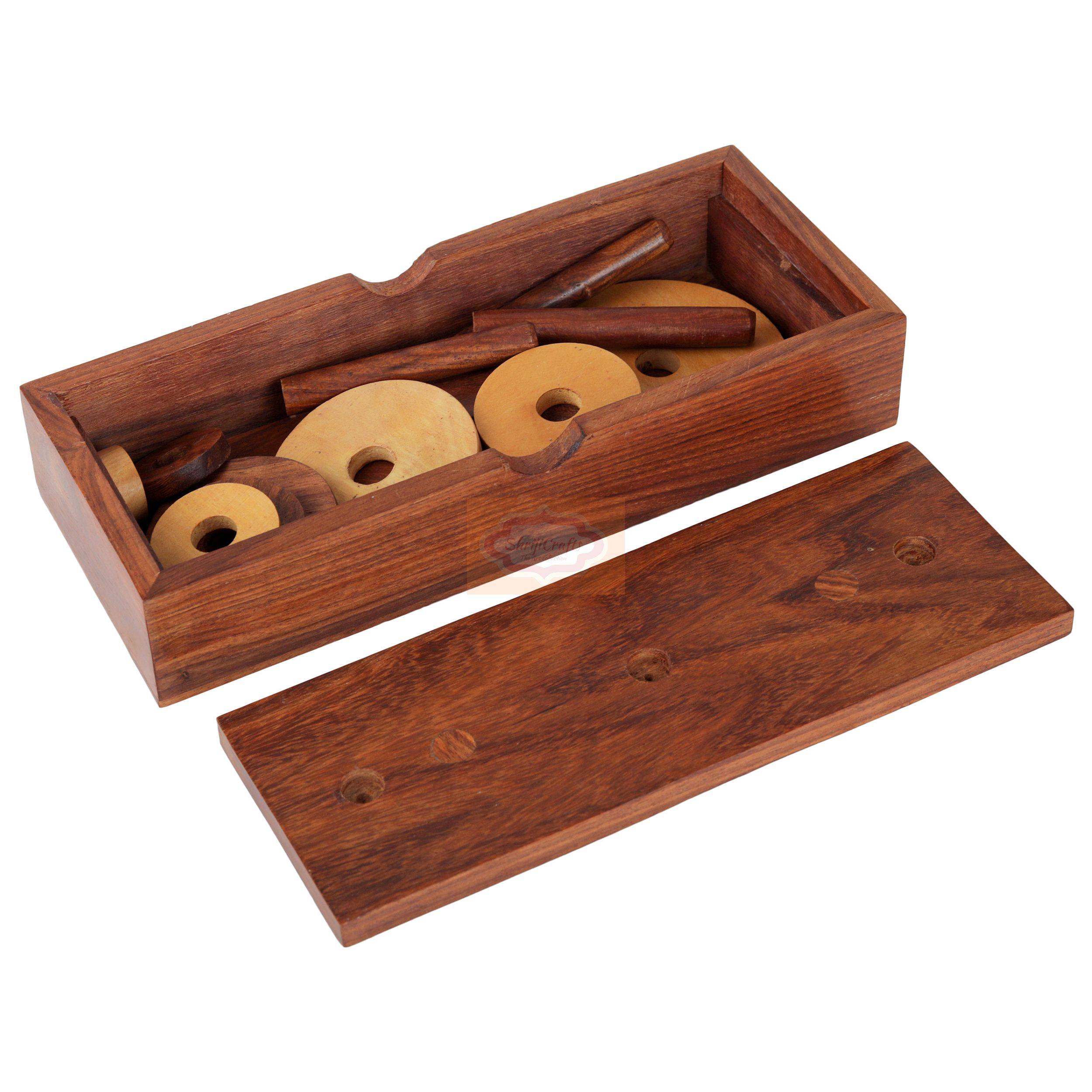 Handcrafted wooden Tower of Hanoi puzzle with 9 discs, 3 rods, and a wooden storage box - View 4
