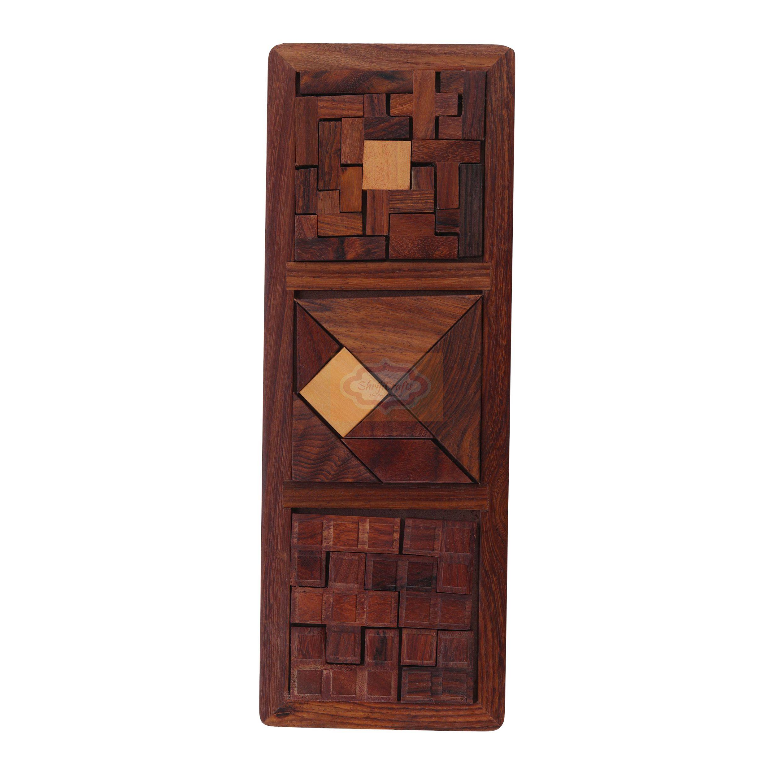 Handcrafted 3-in-1 Wooden Block Puzzle Game featuring jigsaw puzzles and brain teasers — handcrafted wooden product by Shrijicrafts
