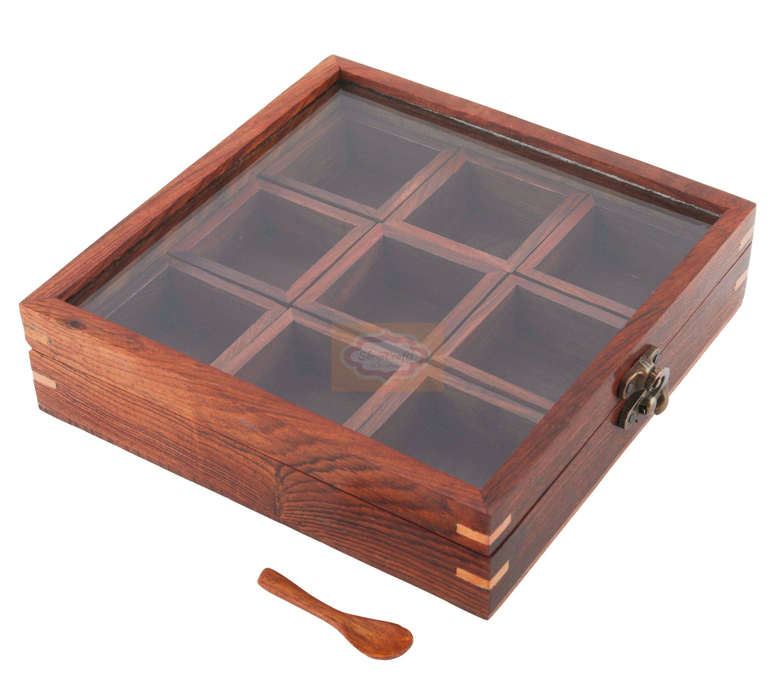 Handcrafted Sheesham Wood Masala Box with 9 bowls and 2 wooden spoons - View 6