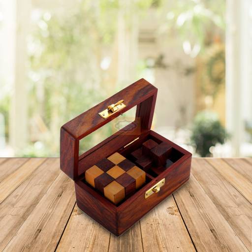 Handcrafted wooden 2-in-1 puzzle set featuring a Snake Cube and Interlocking Burr Puzzle