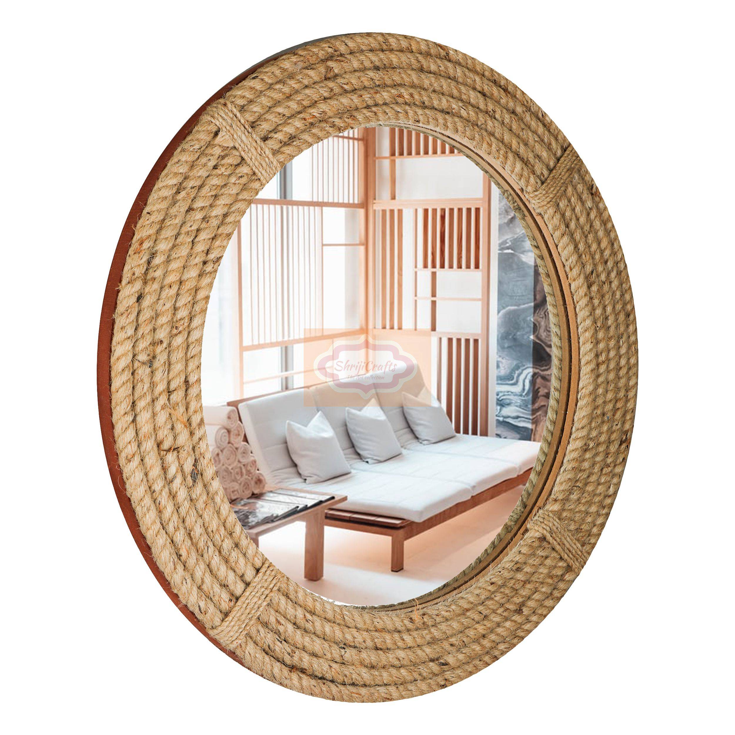 Handcrafted large round wooden mirror with a decorative natural rope frame - View 3