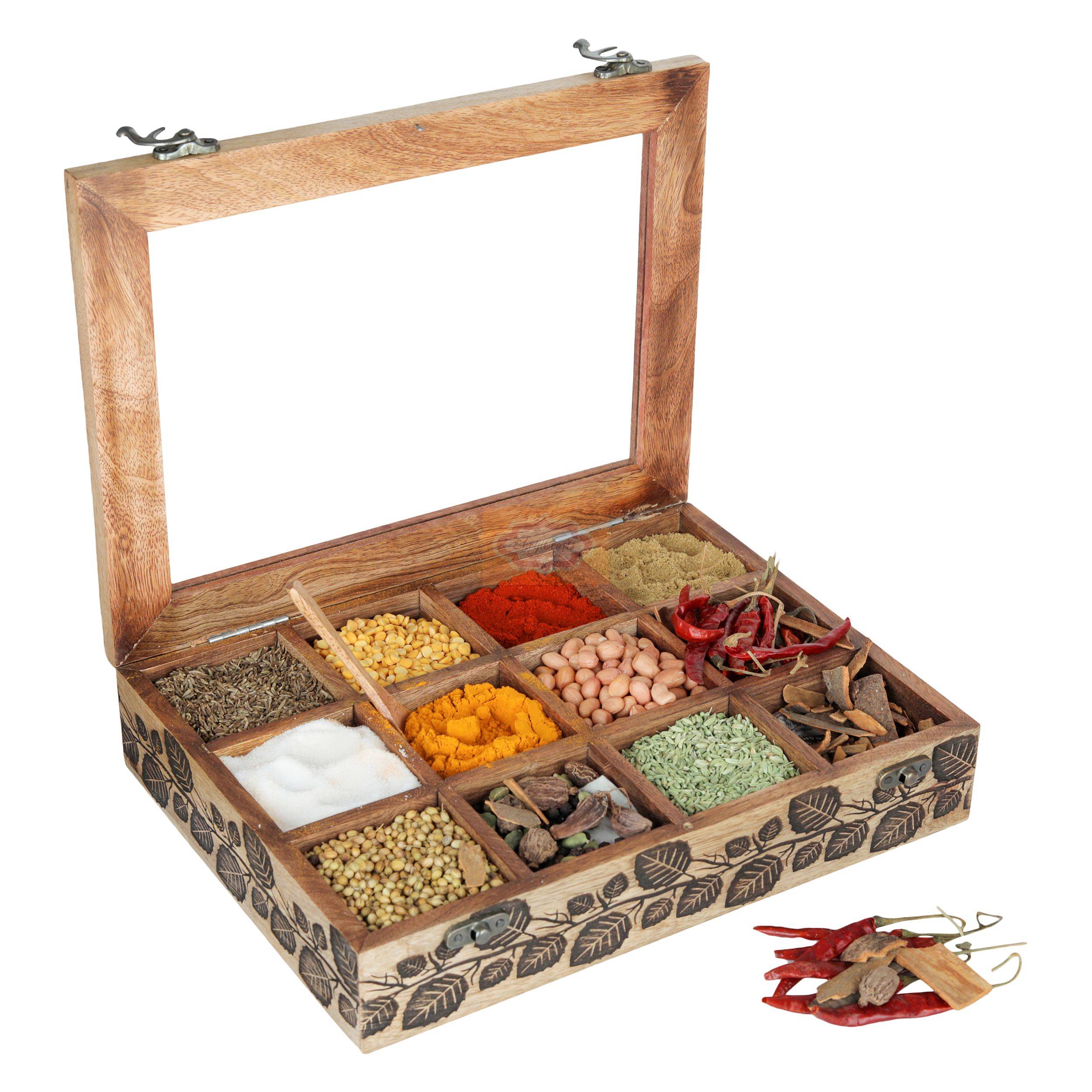 Handcrafted wooden masala box with a transparent glass lid and elegant carved detailing - View 2