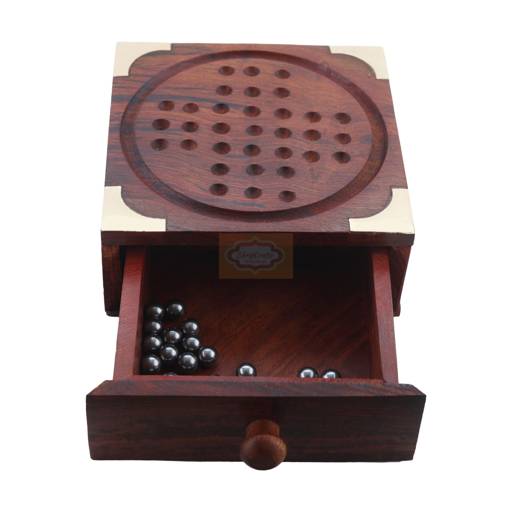 Handcrafted Sheesham wood solitaire board with elegant brass accents and stainless steel playing balls