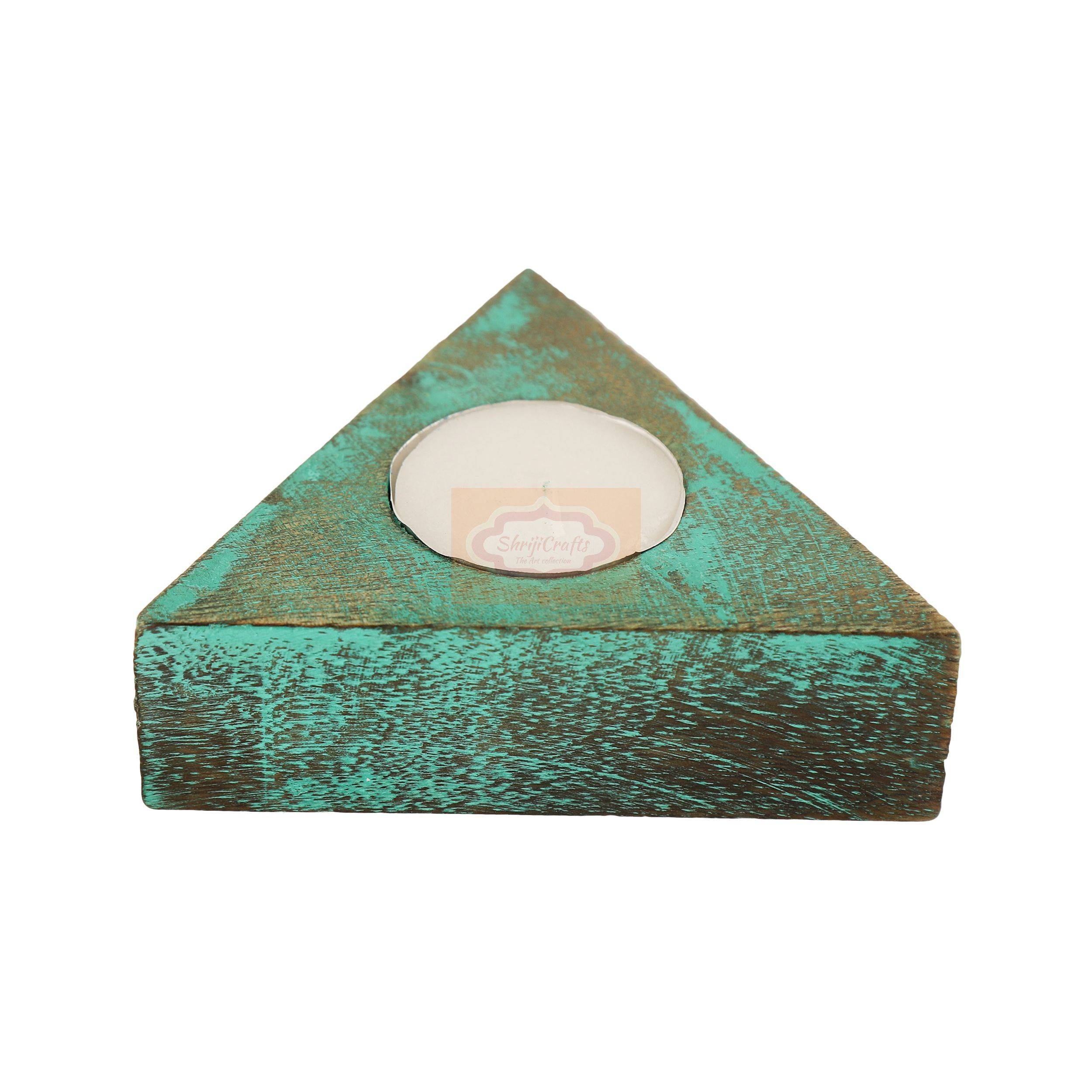 Handcrafted triangular wooden tealight candle holder with an elegant artistic finish - View 4