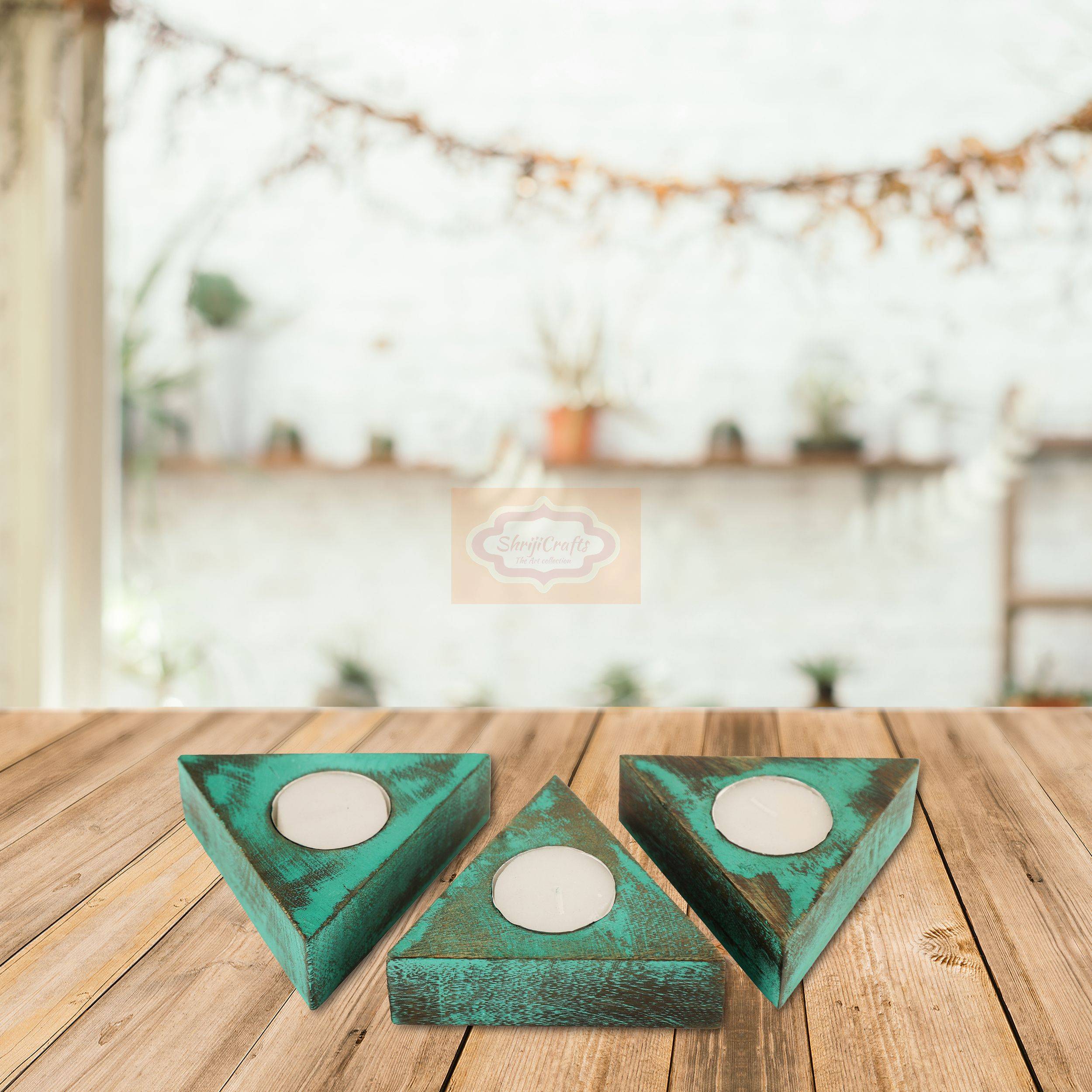 Handcrafted triangular wooden tealight candle holder with an elegant artistic finish - View 6