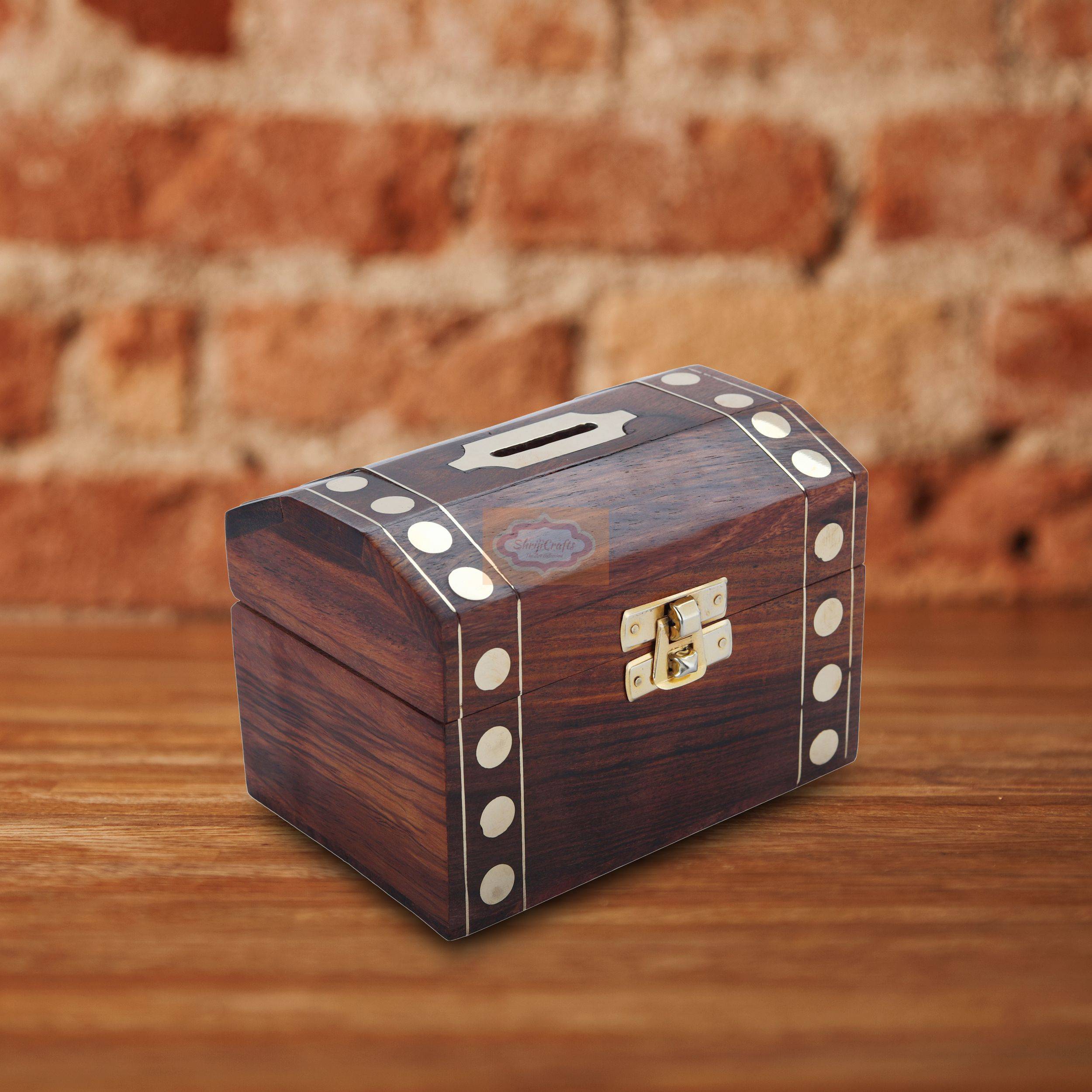 Handcrafted wooden money bank designed for saving coins and cash securely - View 2