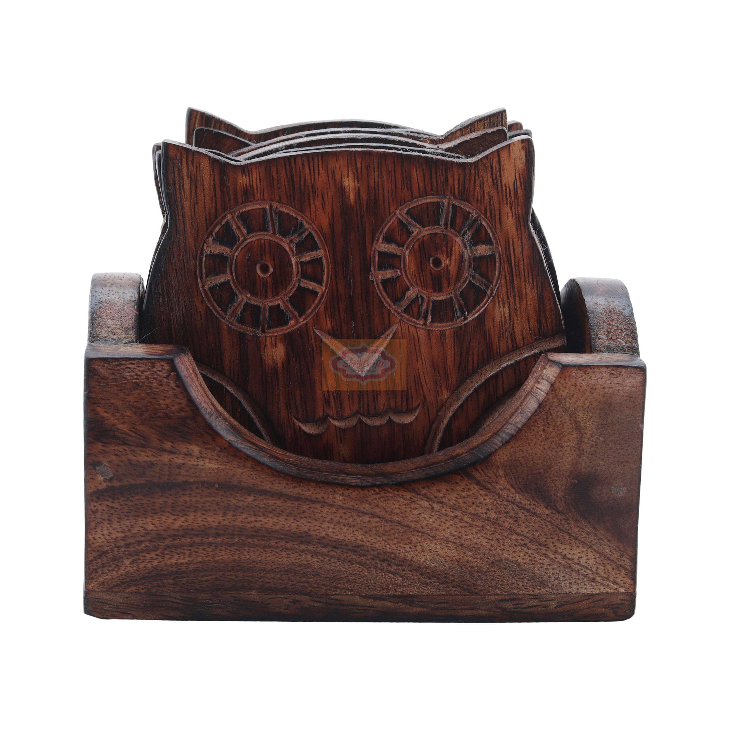 Handcrafted wooden owl coaster set with 6 coasters and a matching storage holder - View 2