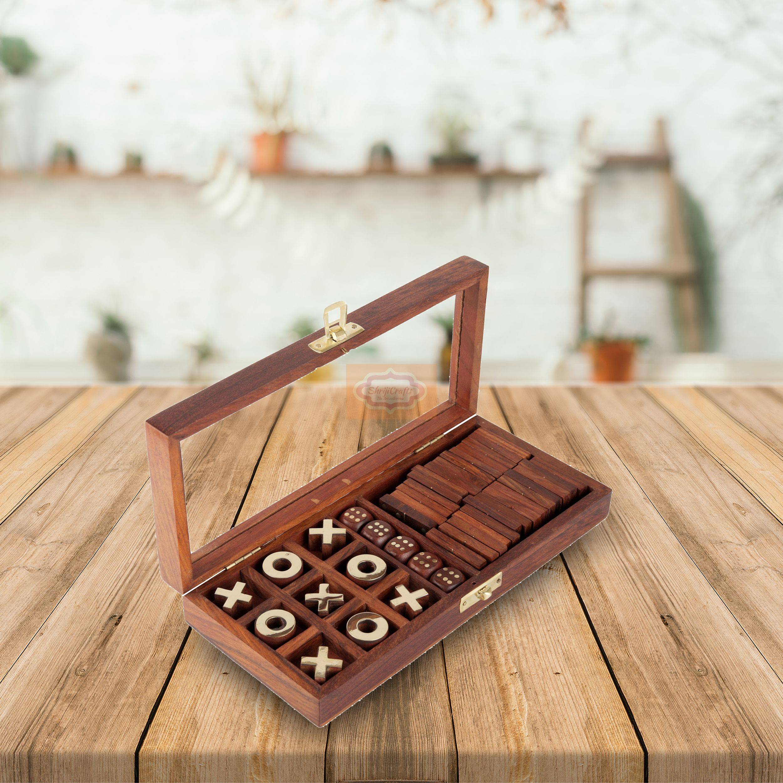 Handcrafted 3-in-1 wooden parlour game set featuring 28 domino tiles, Tic Tac Toe, and a 5-dice game - View 6