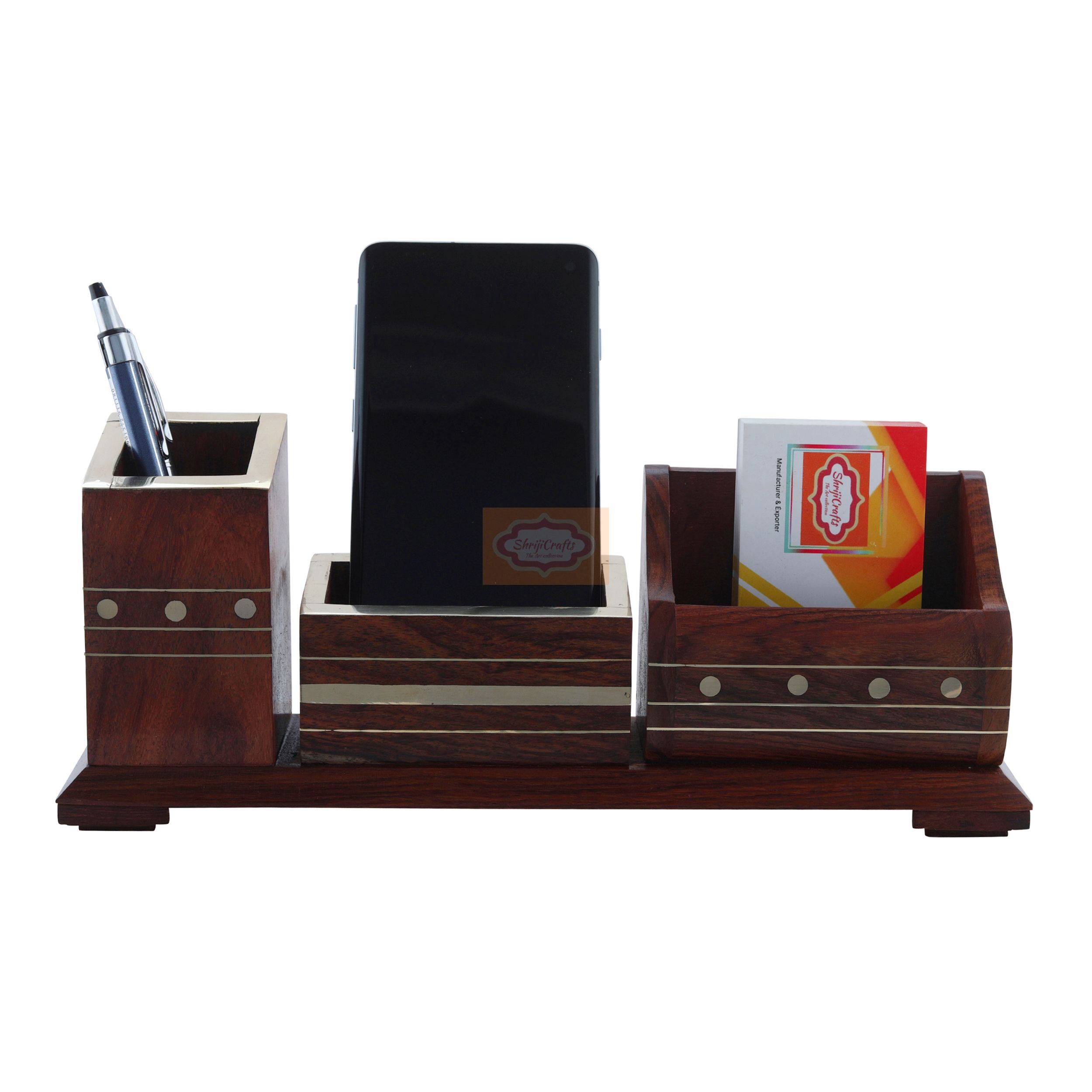 Handcrafted wooden desk organizer with pen holder, mobile stand, and visiting card holder - View 3