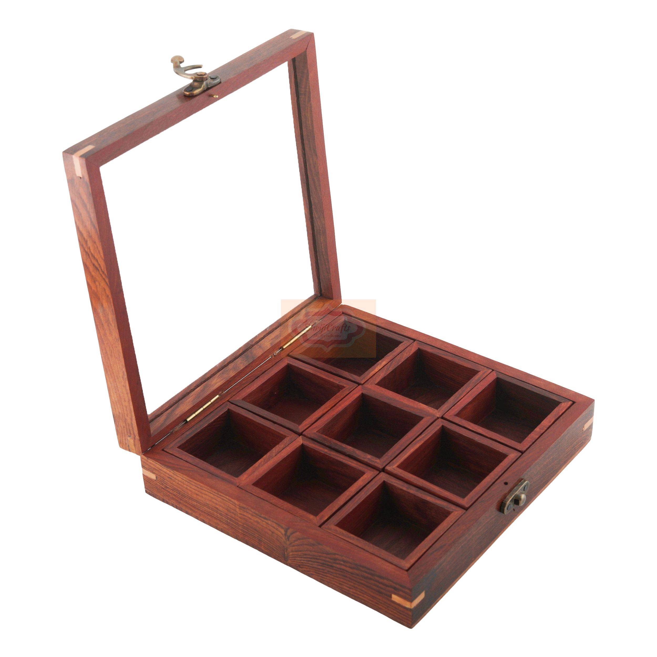Handcrafted Sheesham Wood Masala Box with 9 bowls and 2 wooden spoons - View 4